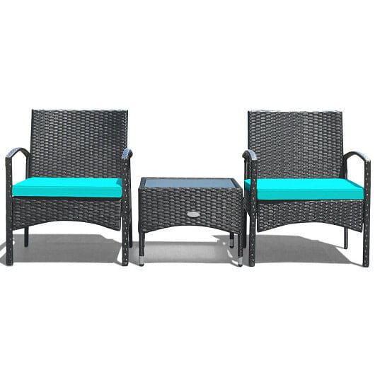 3 Pieces Patio Wicker Rattan Furniture Set with Cushion for Lawn Backyard-Turquo
