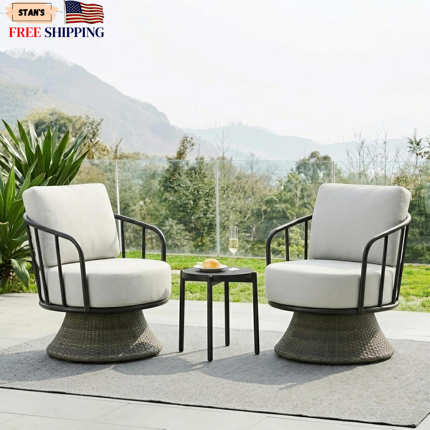 Patio Furniture Set Outdoor Swivel Chairs Set of 2 w/Side Table Wicker Pat 3PCS