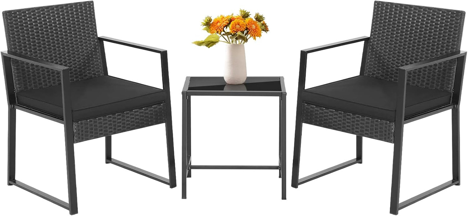 Modern 3-Piece Patio Furniture Set with Cushioned Wicker Chairs & Table – Black
