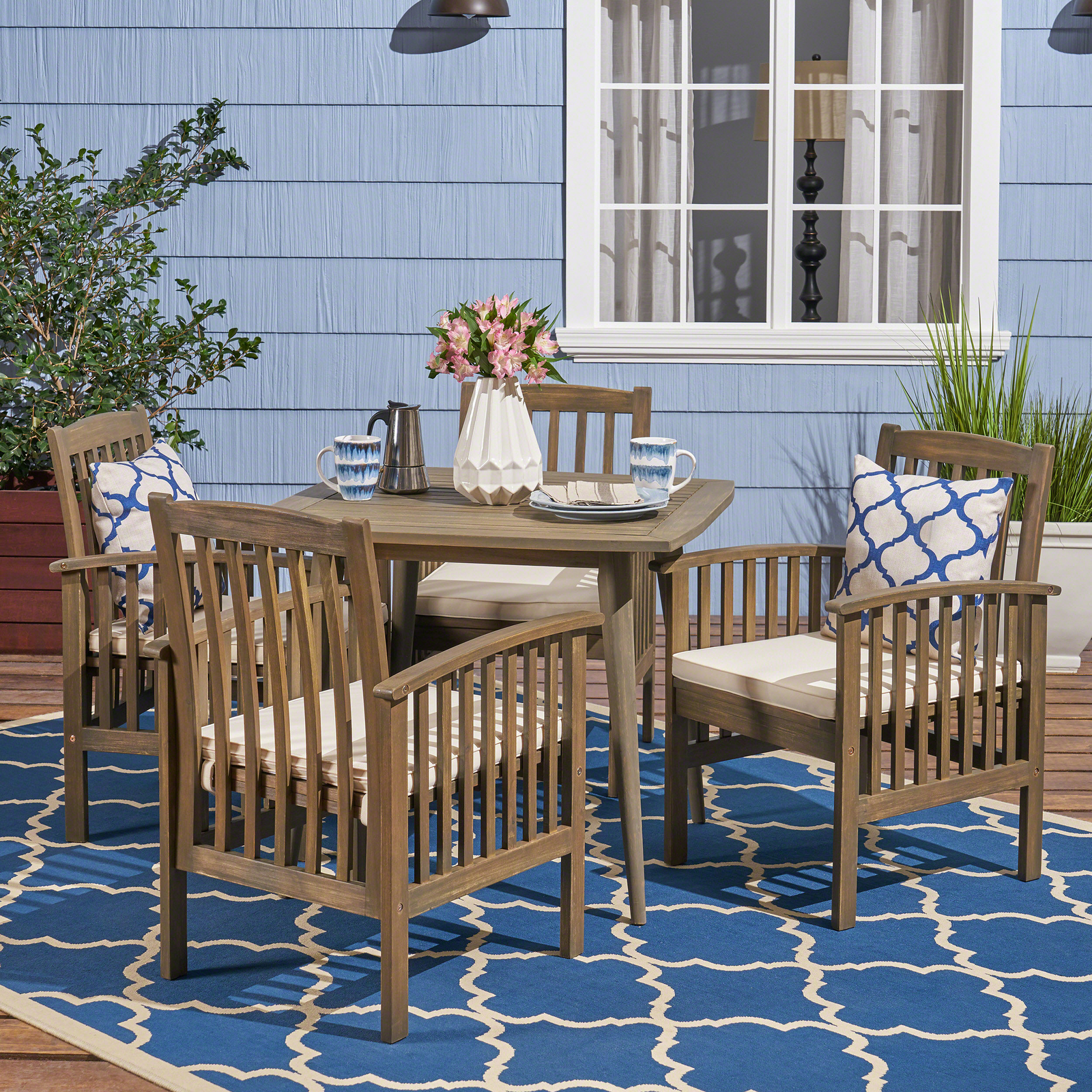 Phoenix Outdoor Acacia 4-Seater Dining Set with Cushions and 36″ Square Table wi