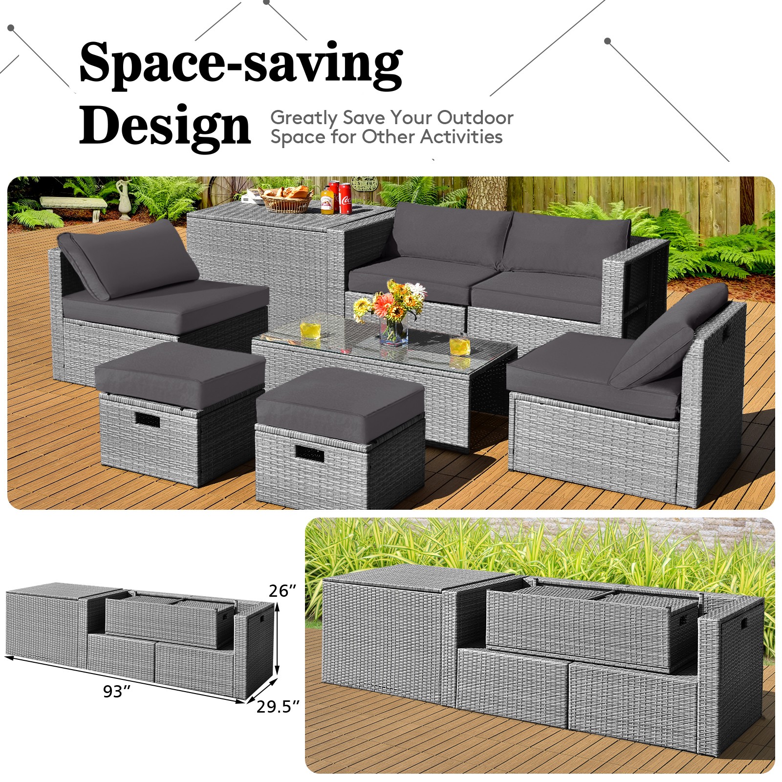 8-Piece Outdoor Patio Furniture Set Space-Saving Conversation Set w/ Storage Box