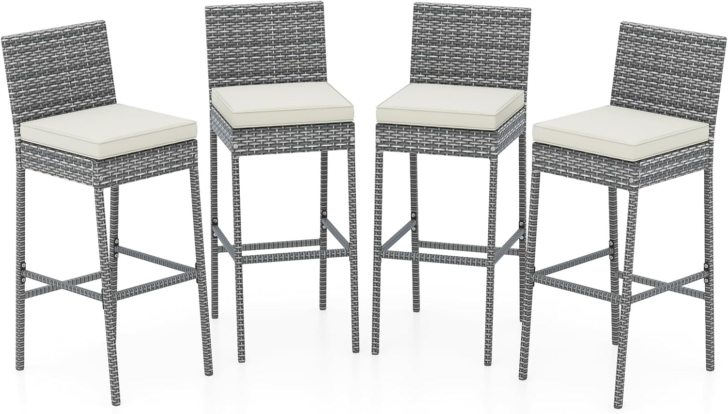 HAPPYGRILL Patio Wicker Barstools Set of 4, Outdoor Bar Height Chair W/Soft Seat