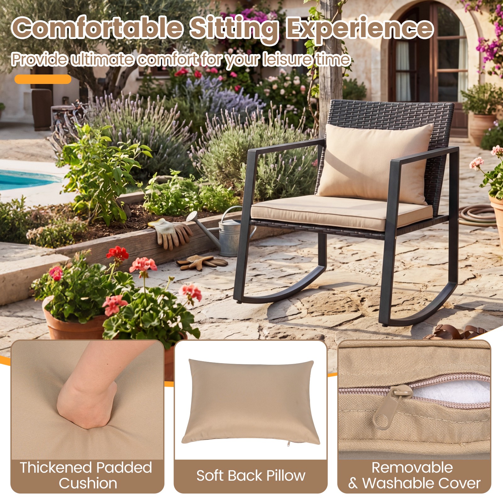 3-Piece Outdoor Rocking Bistro Set Patio Rocking Chairs & Coffee Table Set