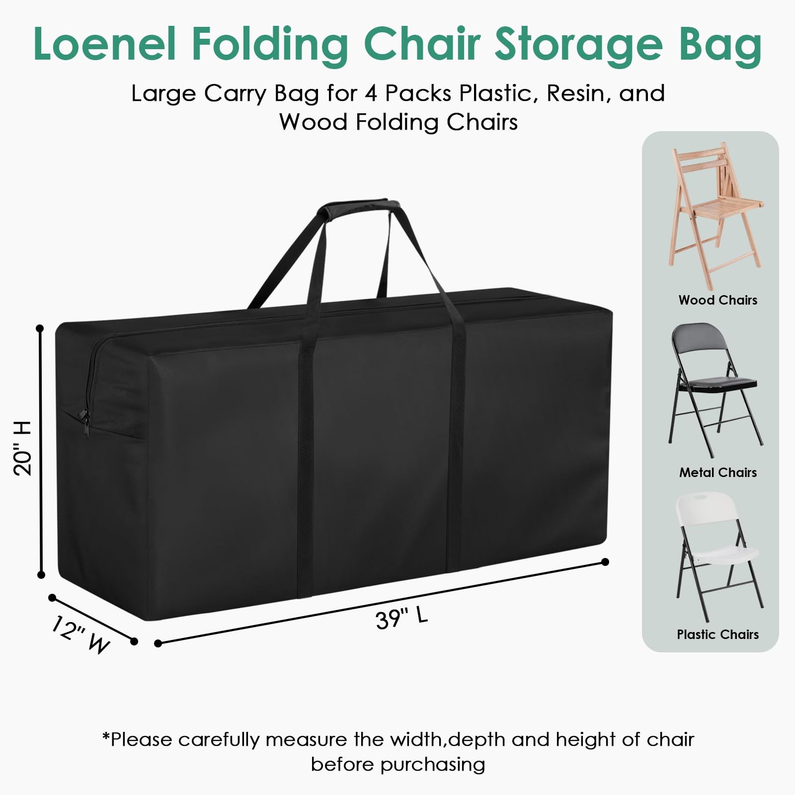 Waterproof Large Folding Chair Storage Bag Fits 4 Pack Cover 39x12x20 Inch