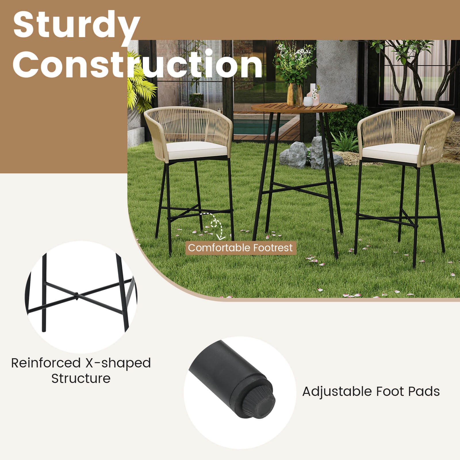3 PCS Rope Woven Patio Bar Set with Soft Cushions and Acacia Wood Tabletop