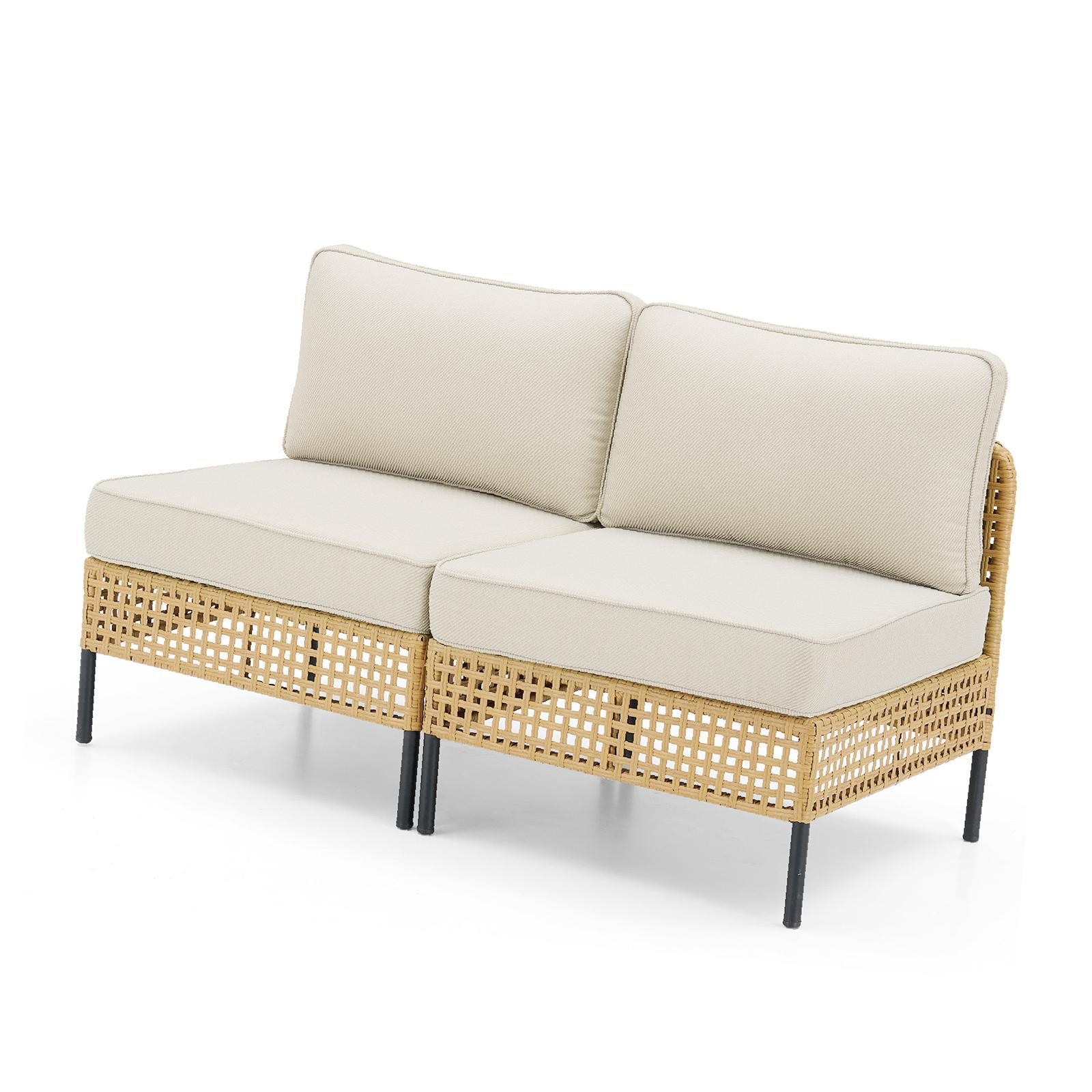 Bohemian Style Patio Furniture Set, Handwoven Wicker Sectional Sofa with Beige