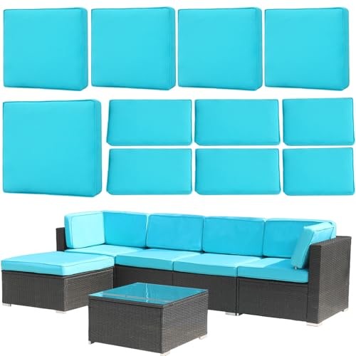 11 Piece Patio Cushion Covers Replacement Water&Fade 25.6″L*25.6W*3.94″H Cyan