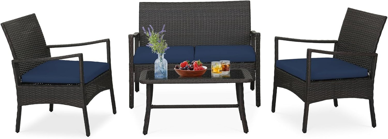 4 Pieces Outdoor Conversation Set, Patio PE Wicker Sofa with Tempered Glass Coff