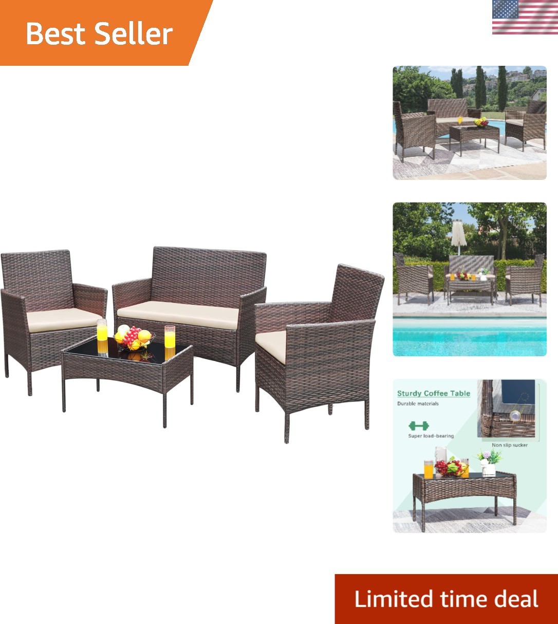 4-Piece Outdoor Wicker Conversation Set with Cushions & Glass Table, Brown Beige