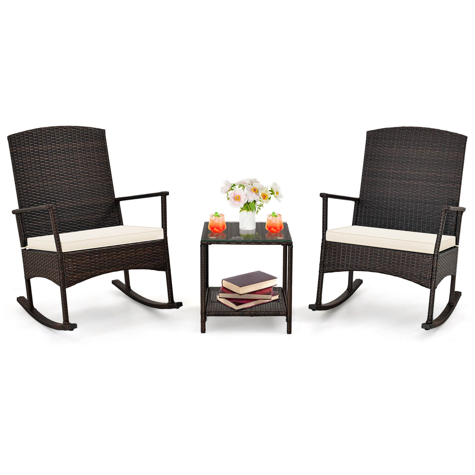 3 PCS Wicker Bistro Set w/ Rocker Chairs & 2-Tier Tempered Glass Coffee Table