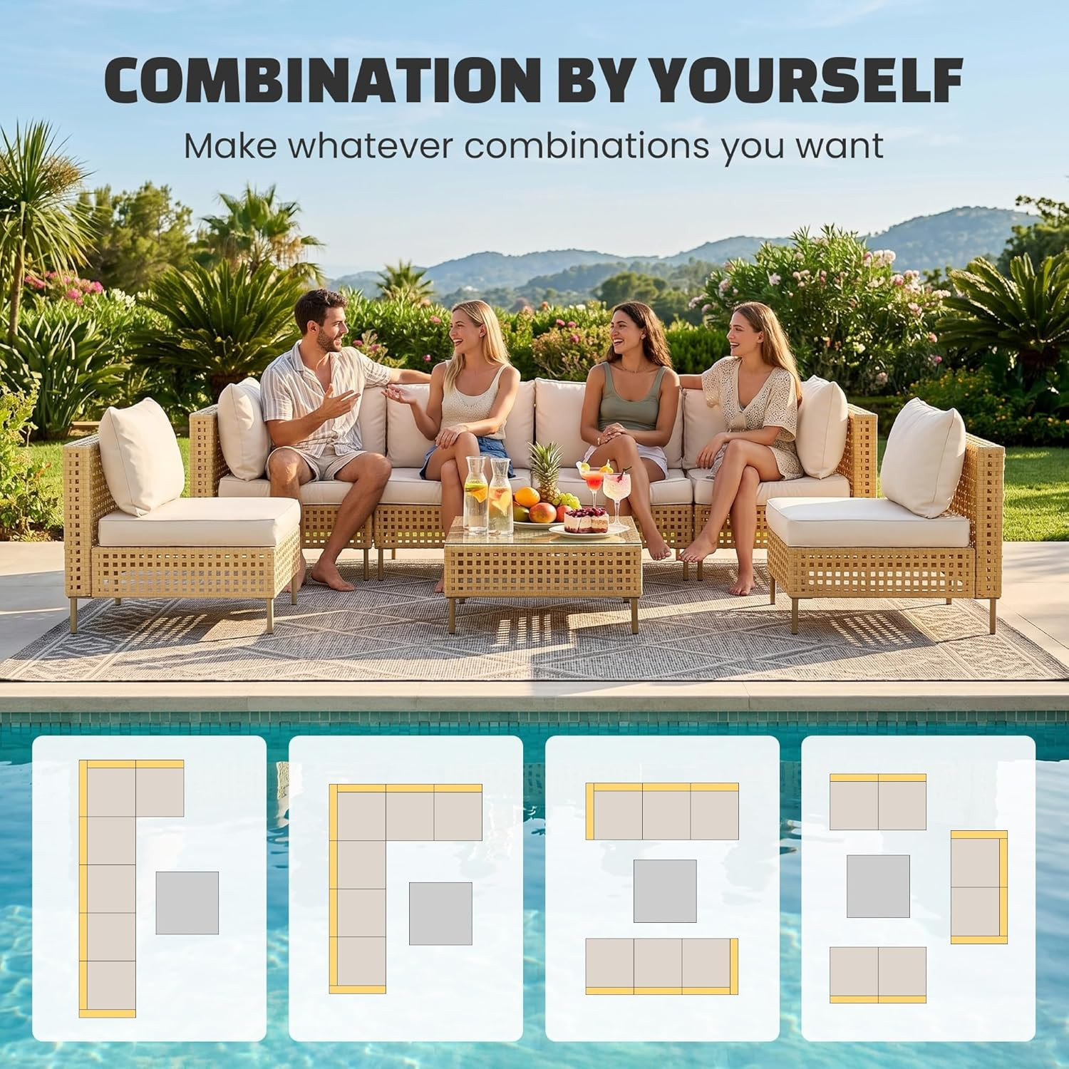 7-Piece Wicker Outdoor Patio Furniture Set, Modular Rattan Outdoor Furniture, Pa