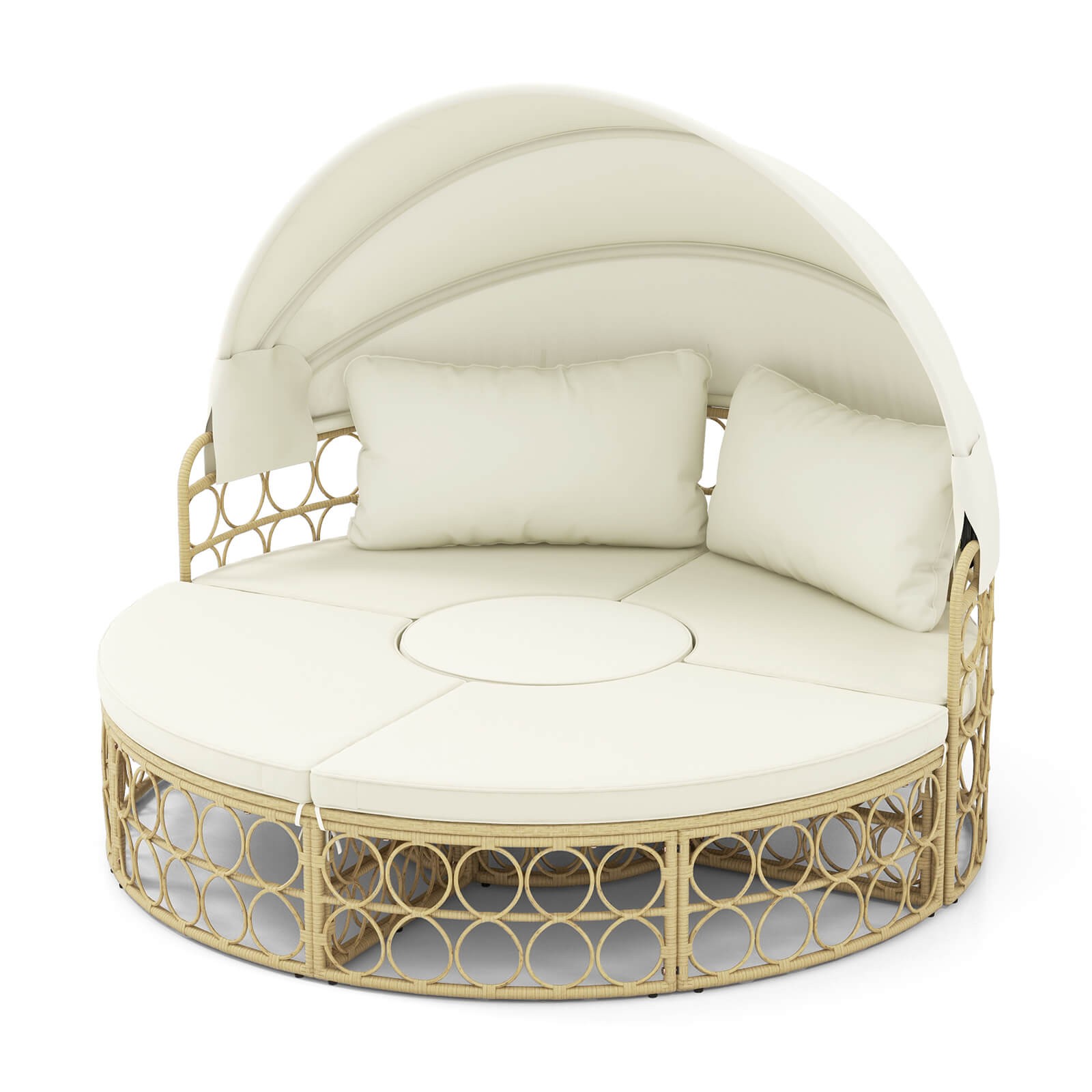 Outdoor Patio Round Daybed with Retractable Canopy Soft Cushions for Garden