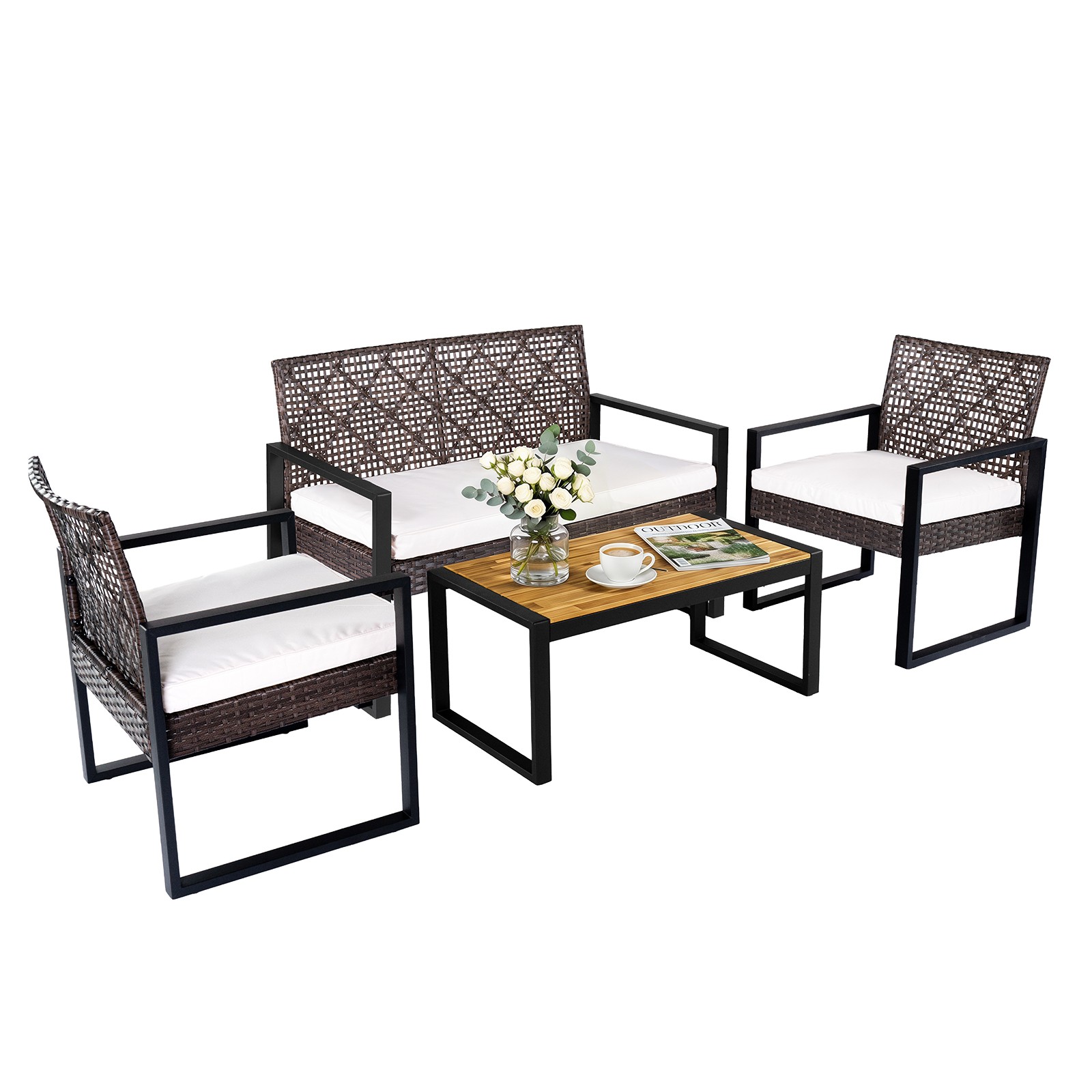 4-Piece Patio Conversation Set w/2 Single Chairs Cushioned Loveseat Coffee Table