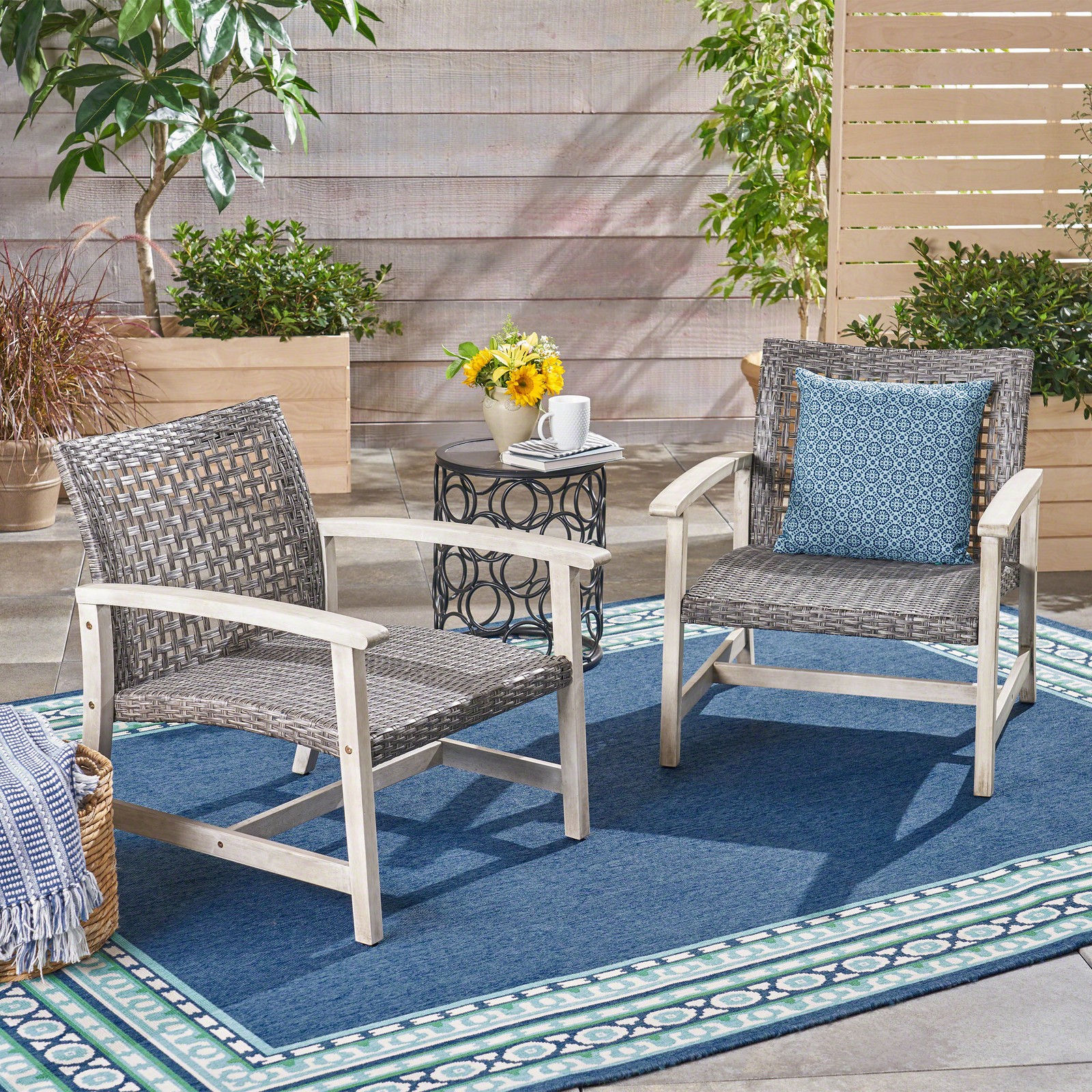 Acacia Wood & Wicker Club Chair Set of 2, Gray & Black Finish