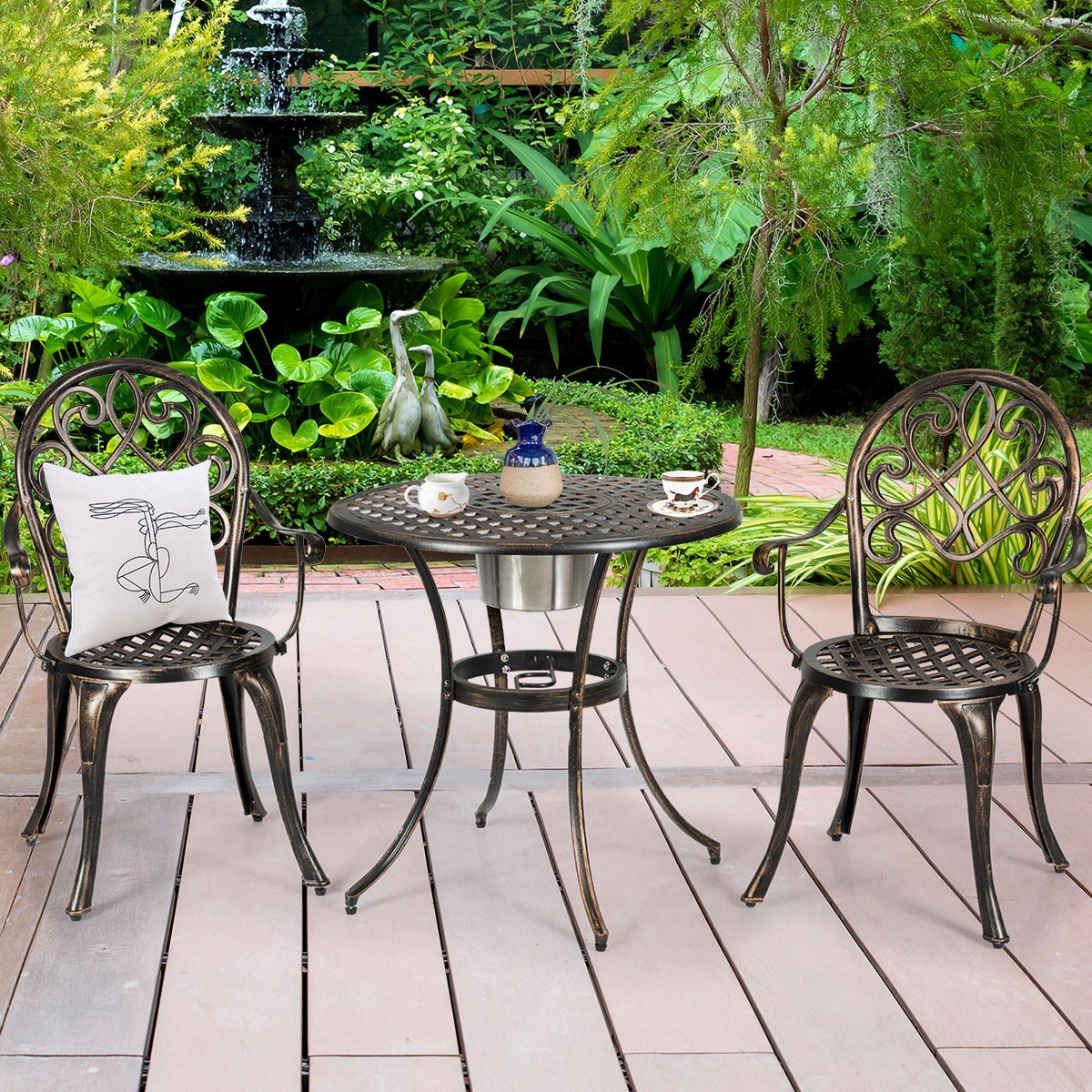 3pcs Outdoor Set Cast Aluminum Patio Bistro w/Attached Removable Ice Bucket