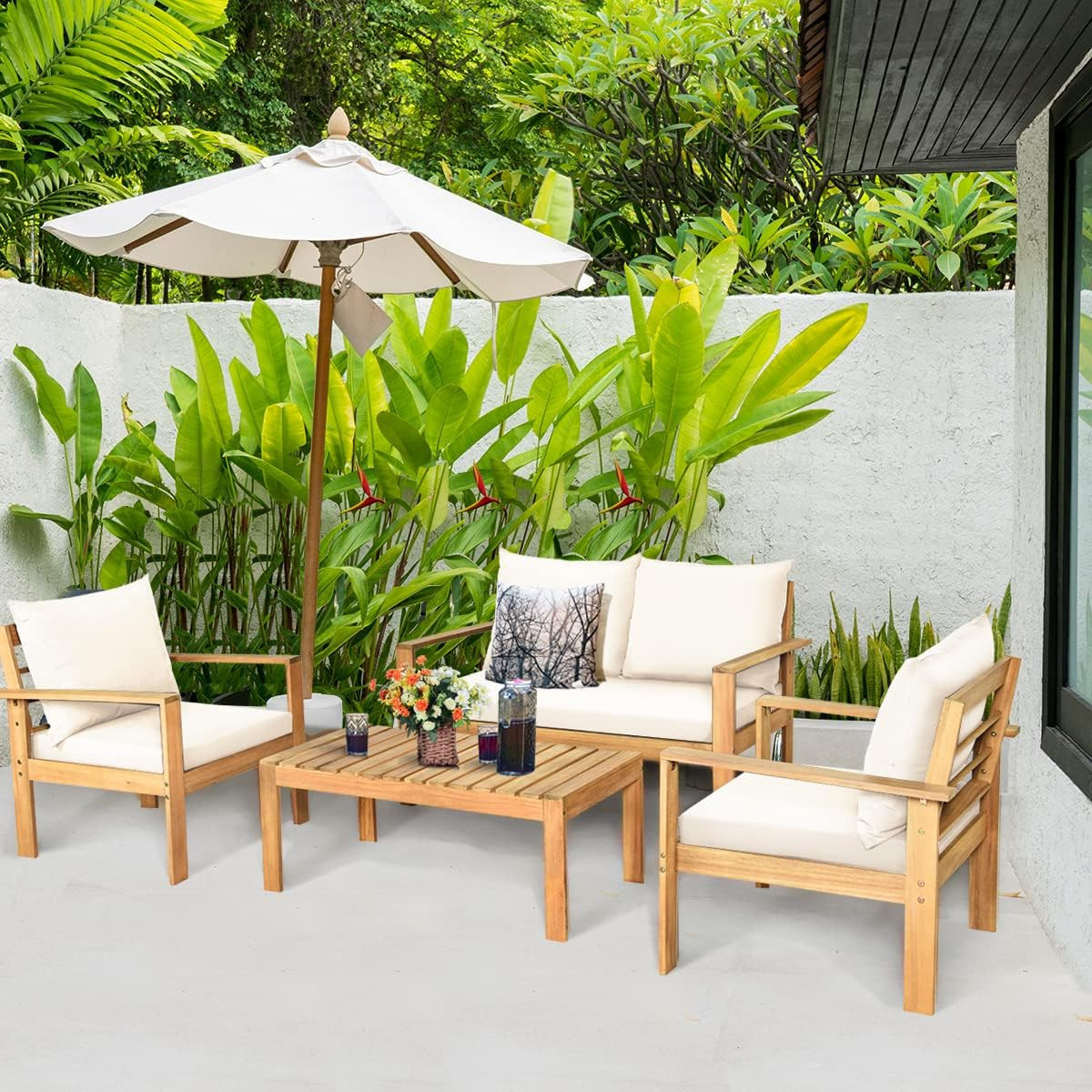 Acacia Wood 4-Piece Outdoor Chat Set with Water Resistant Cushions – White