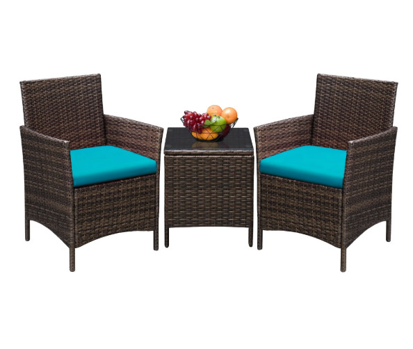Devoko 3pc Outdoor Patio Conversation Set Wicker Bistro Chairs Blue