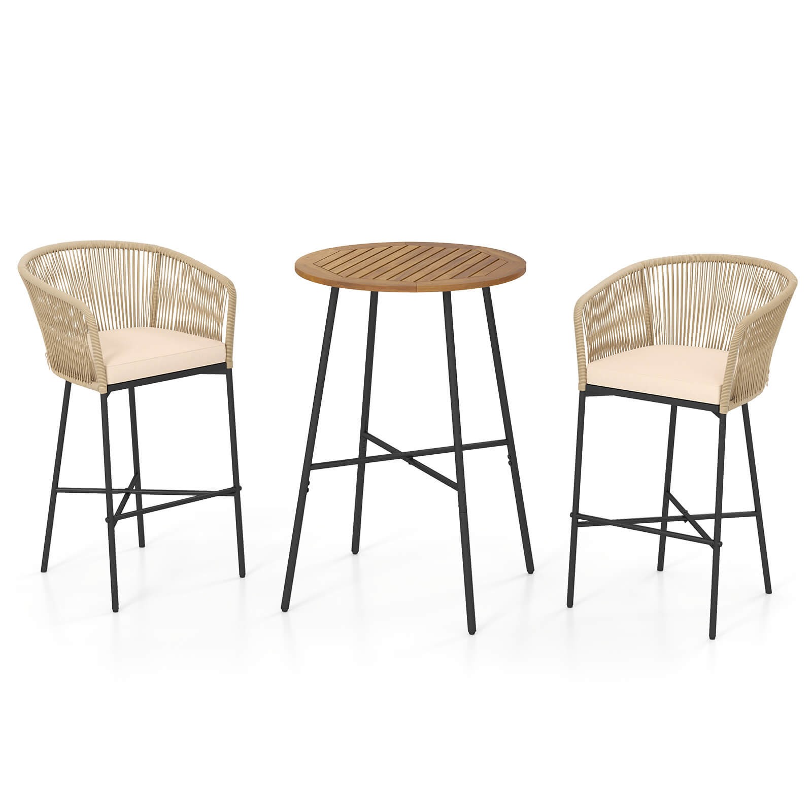 3 PCS Rope Woven Patio Bar Set with Soft Cushions and Acacia Wood Tabletop