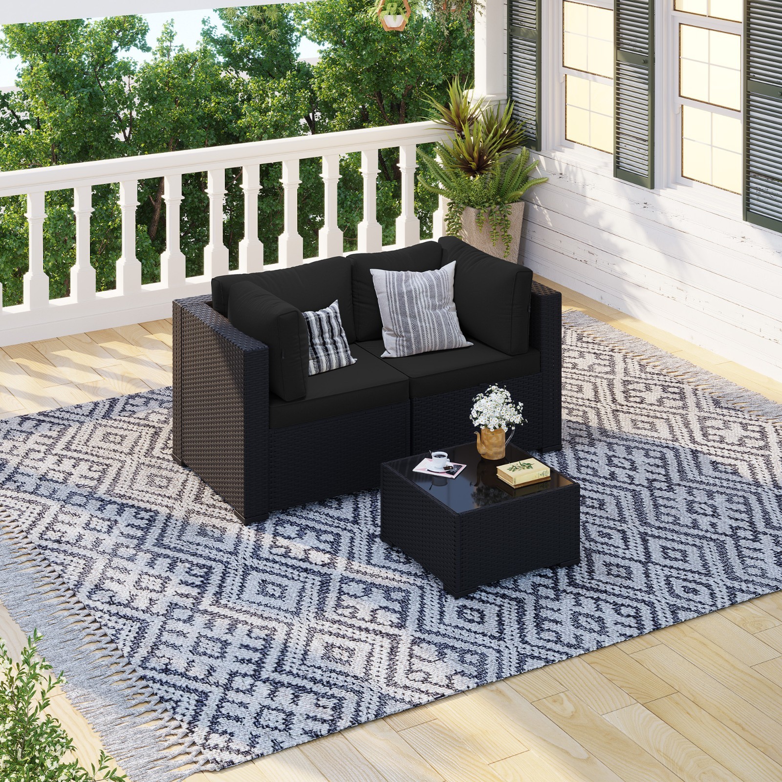 3-Piece Black Rattan Sofa Set Black Cushions Coffee Table