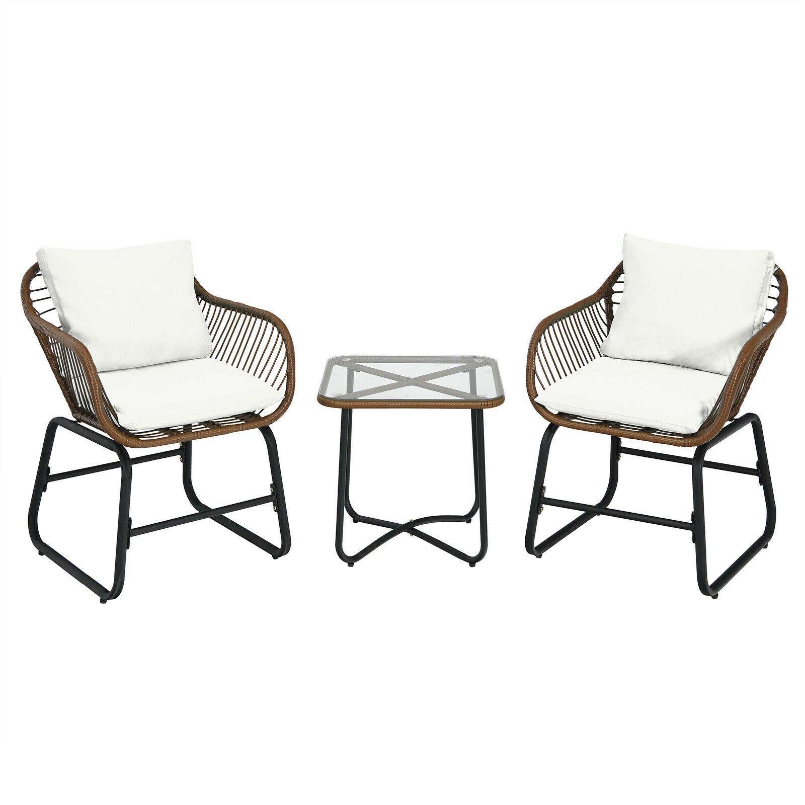 3 Pieces Patio Rattan Bistro Set Cushioned Chair Glass Table Deck White Outdoor