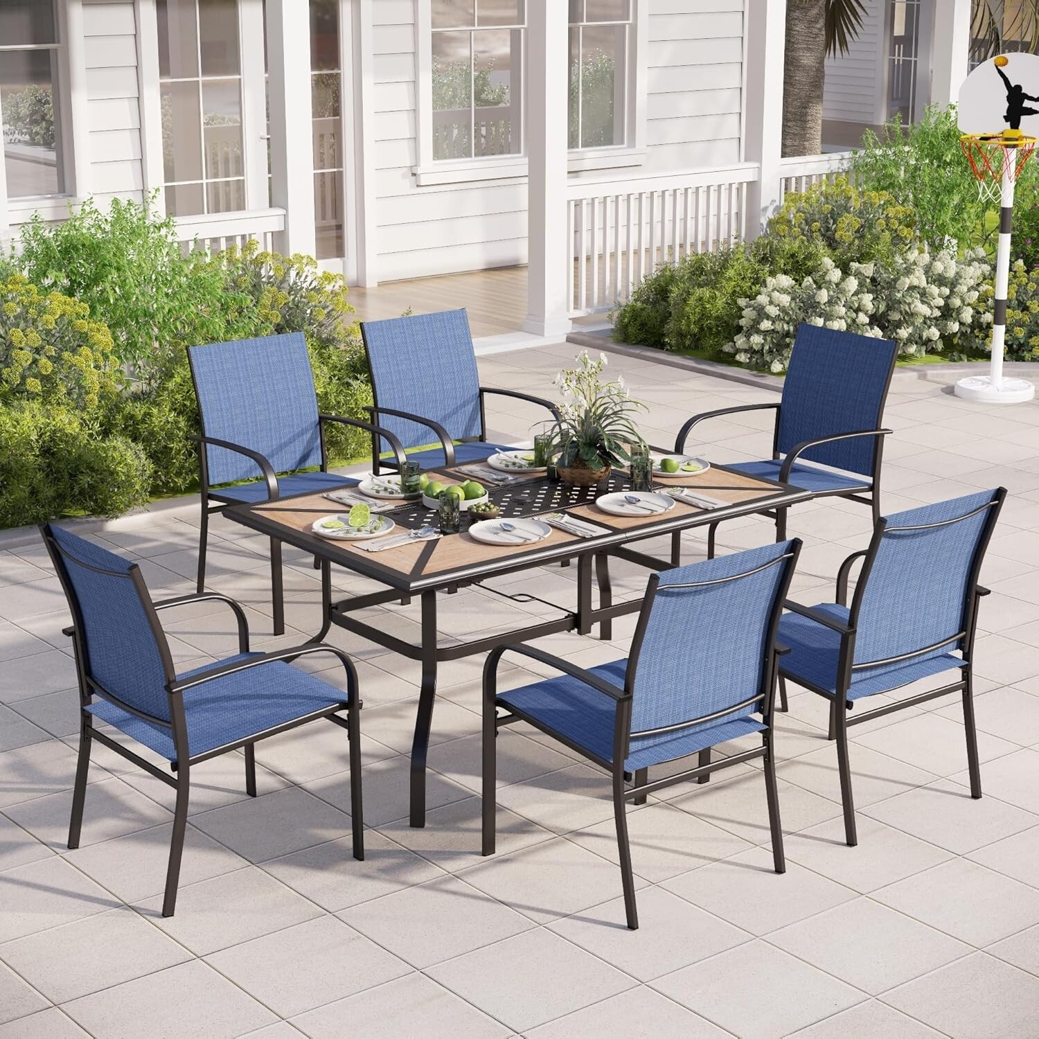 7 Piece Patio Dining Set Outdoor Table Chairs Set with Umbrella Hole Blue
