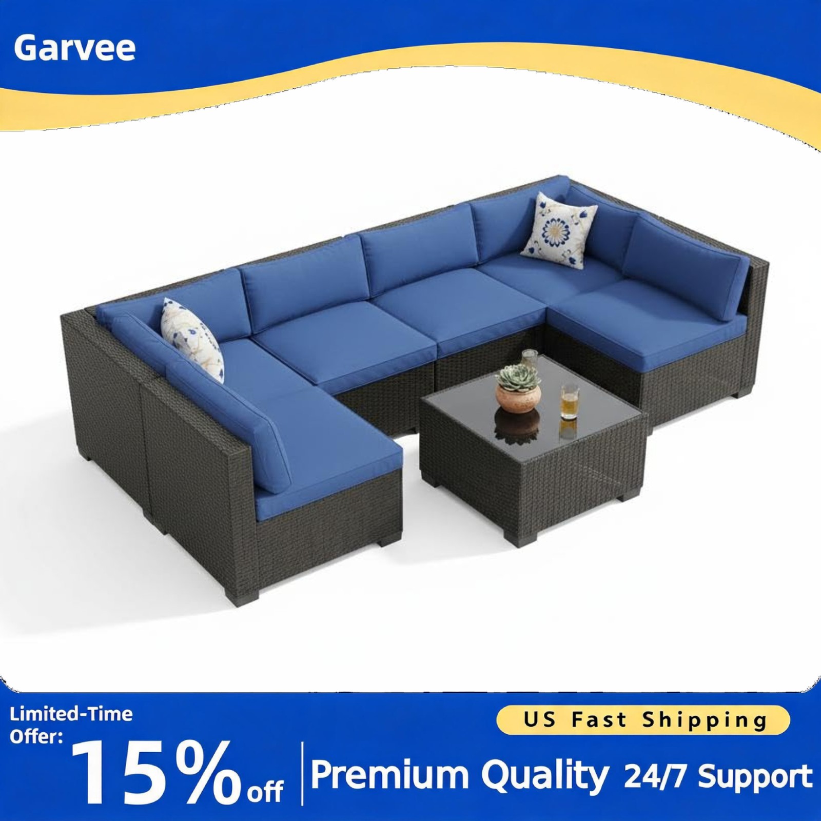 Heavy Duty Steel Frame 7-Piece Rattan Wicker Sofa Set with Cushions for Backyard