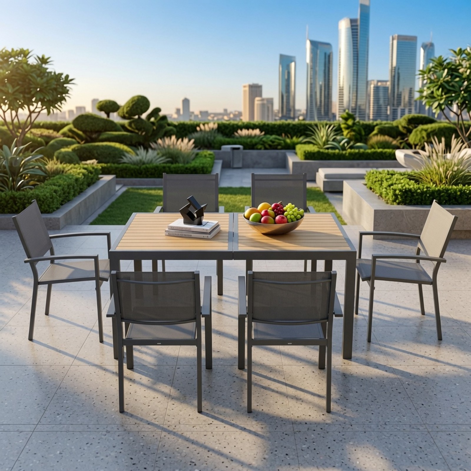 7-Piece Gray Patio Dining Set, 6-Seat All-Weather HDPS Aluminum Table