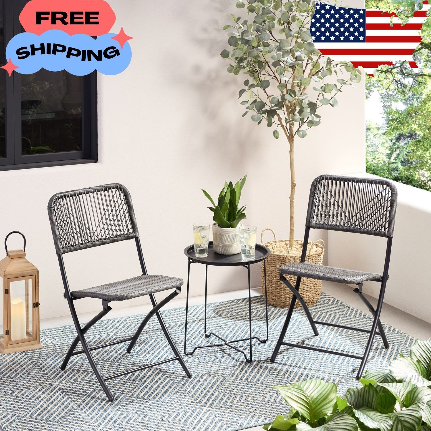 3-Piece Steel and Wicker Rope Folding Outdoor Patio Bistro Set, Gray/Black