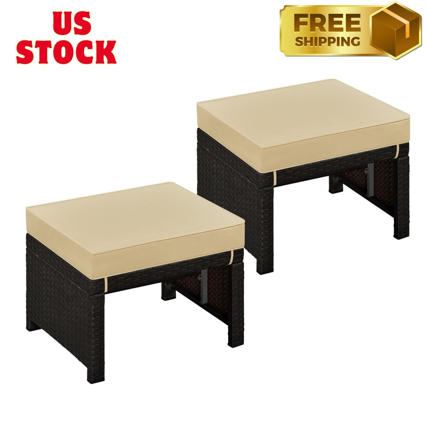 2 Pieces Outdoor Wicker Ottomans with Removable Cushions, Brown/Khaki