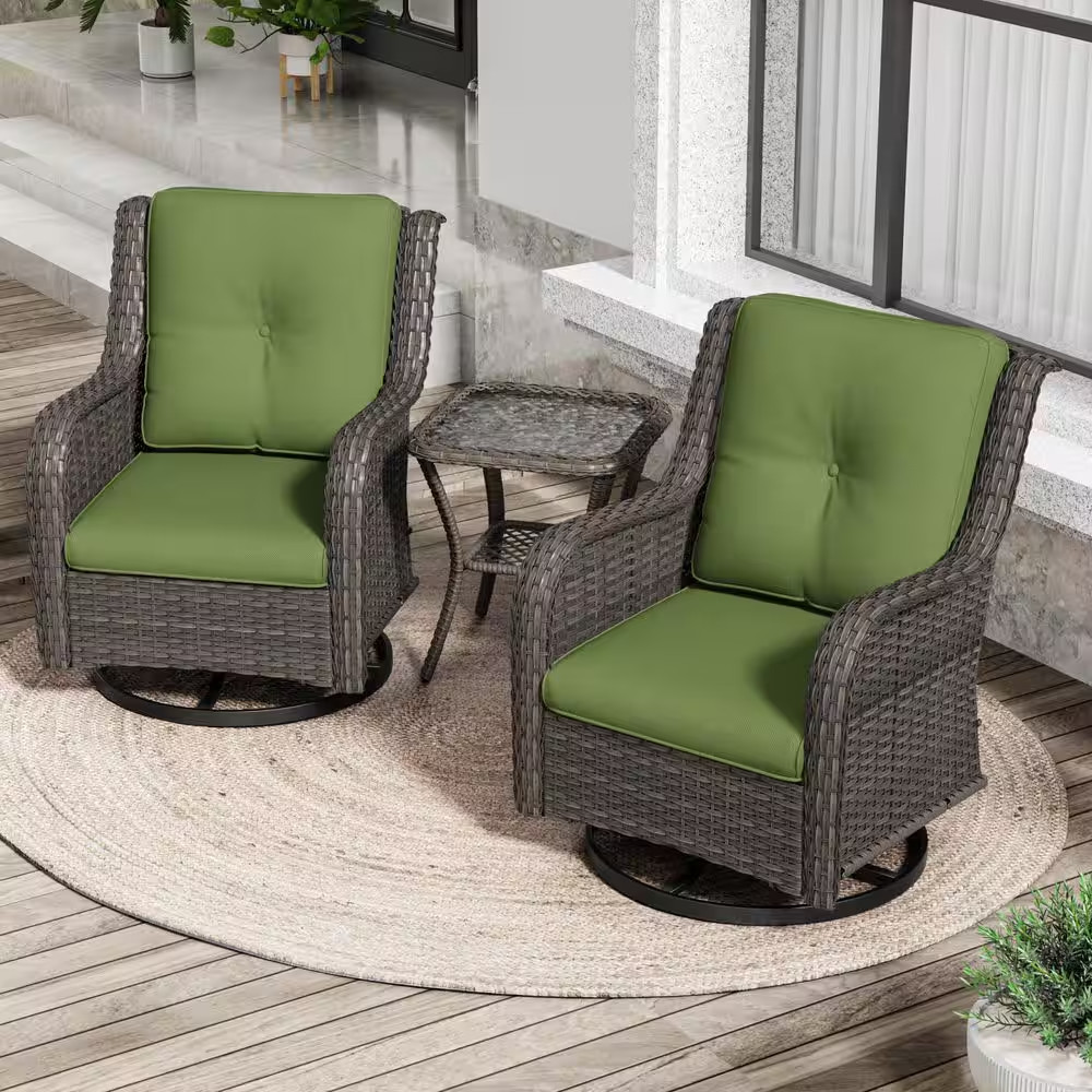 3-Piece Wicker Swivel Outdoor Rocking Chairs Patio Conversation Set with Green C