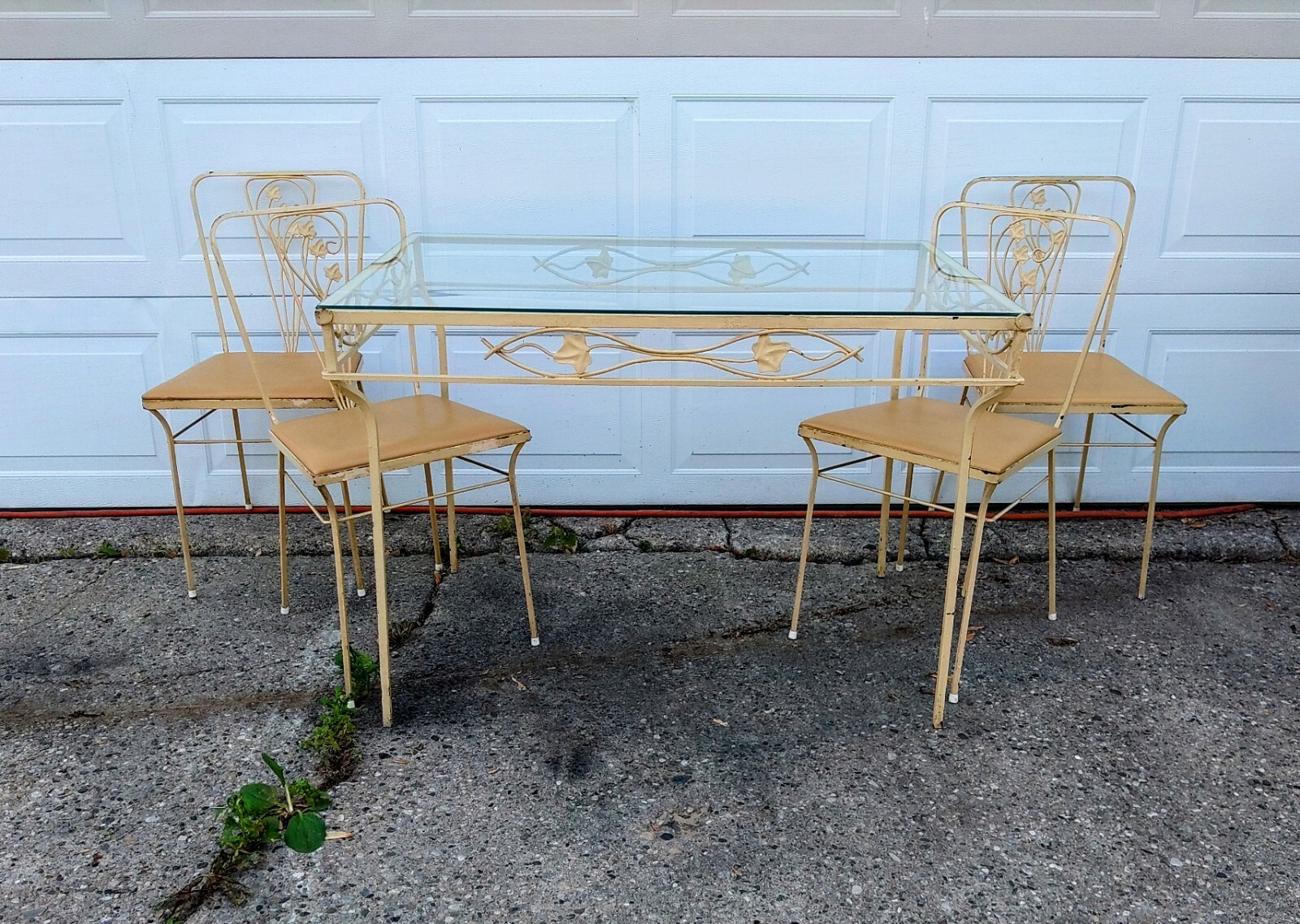 Vintage MCM Wrought Iron Glass Top Salterini Woodard Patio Furniture Set 5pce