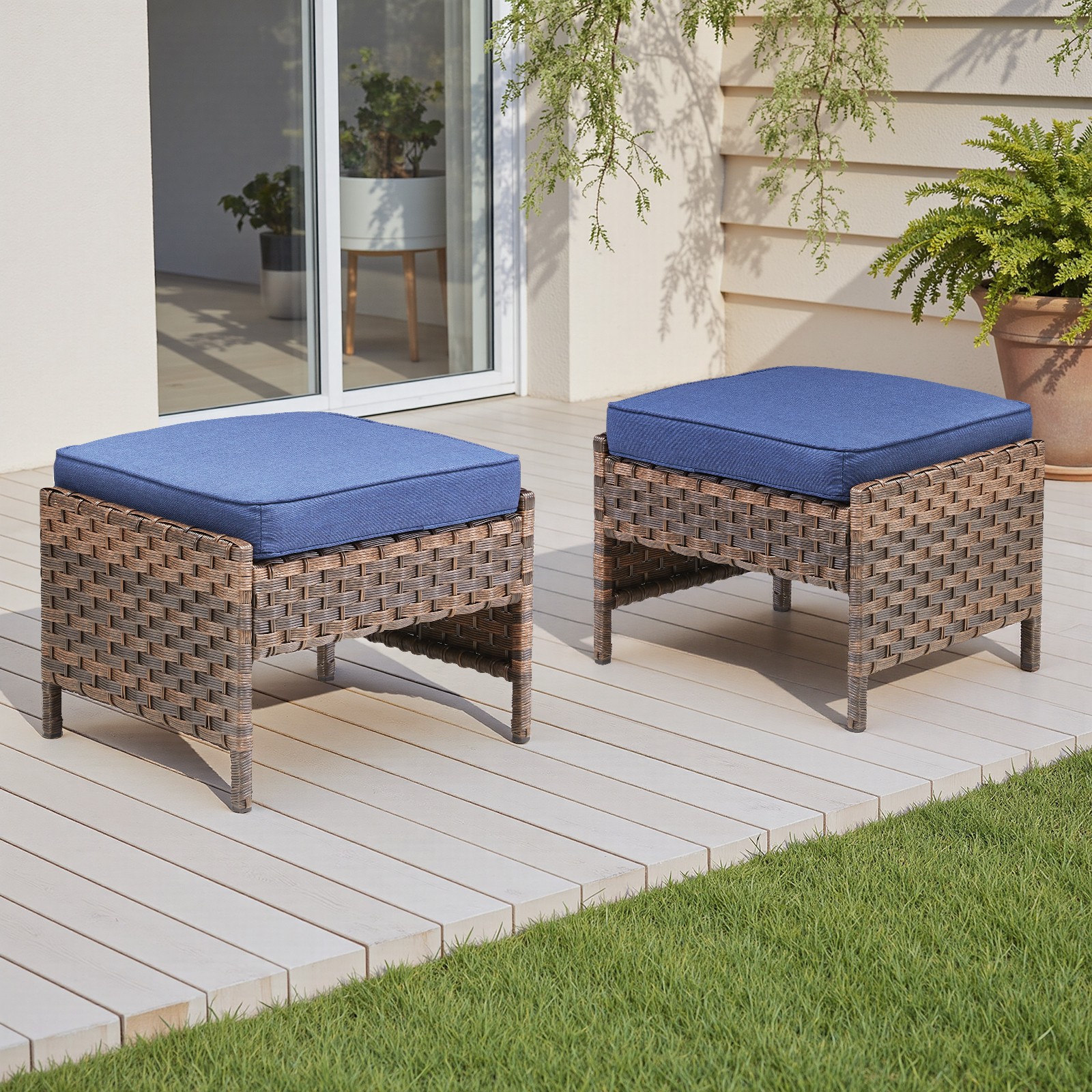 Patio Brown Rattan Ottoman Set of 2 with Blue Cushion, 250 lb Capacity
