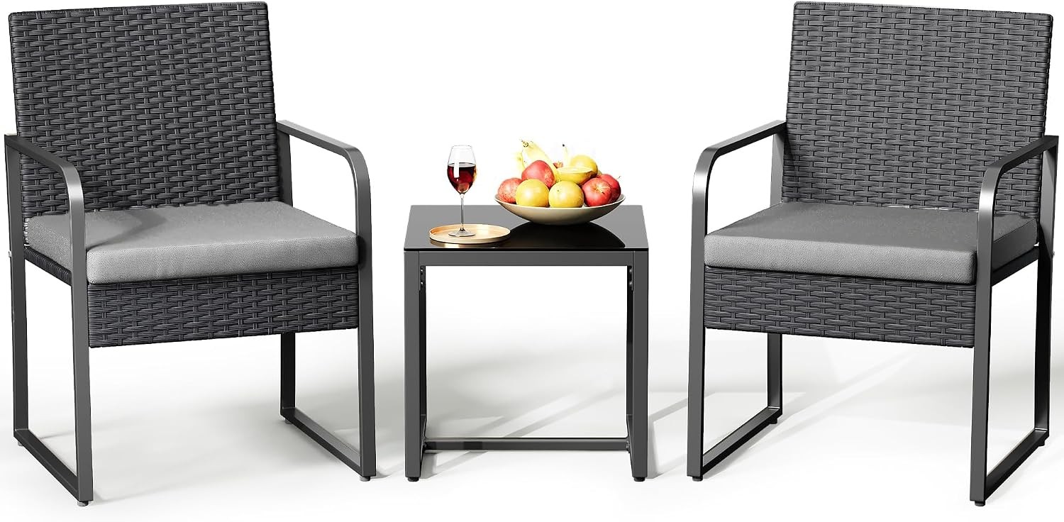 3 Piece Patio Bistro Set Outdoor Black Wicker Furniture Sets Modern Rattan Chair