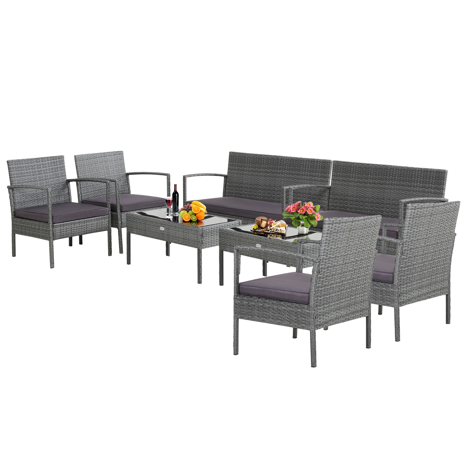 8 PCS Patio Rattan Furniture Set Sectional Conversation Sofa Set for Backyard