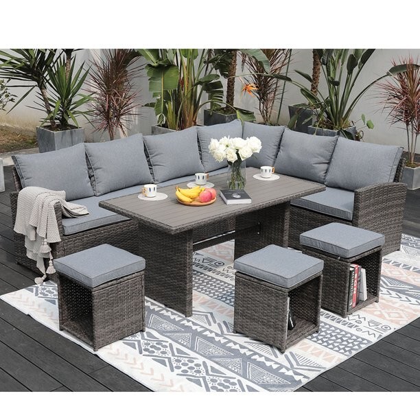 Patio Furniture7 Pieces PE Rattan Wicker Dining Sofa Set, Outdoor Patio