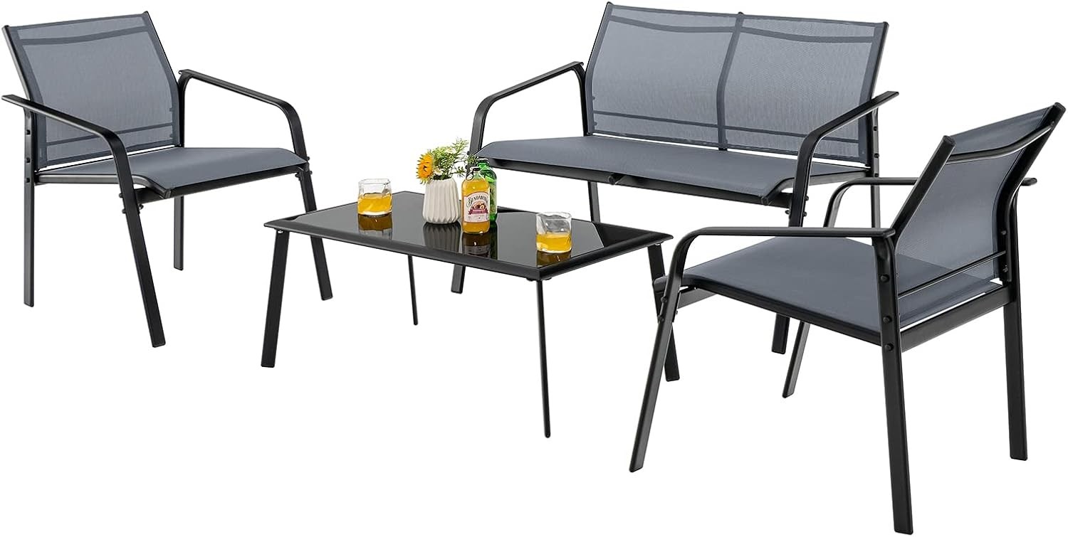 4 Pieces Patio Furniture Set, Outdoor Conversation Set with Tempered Glass