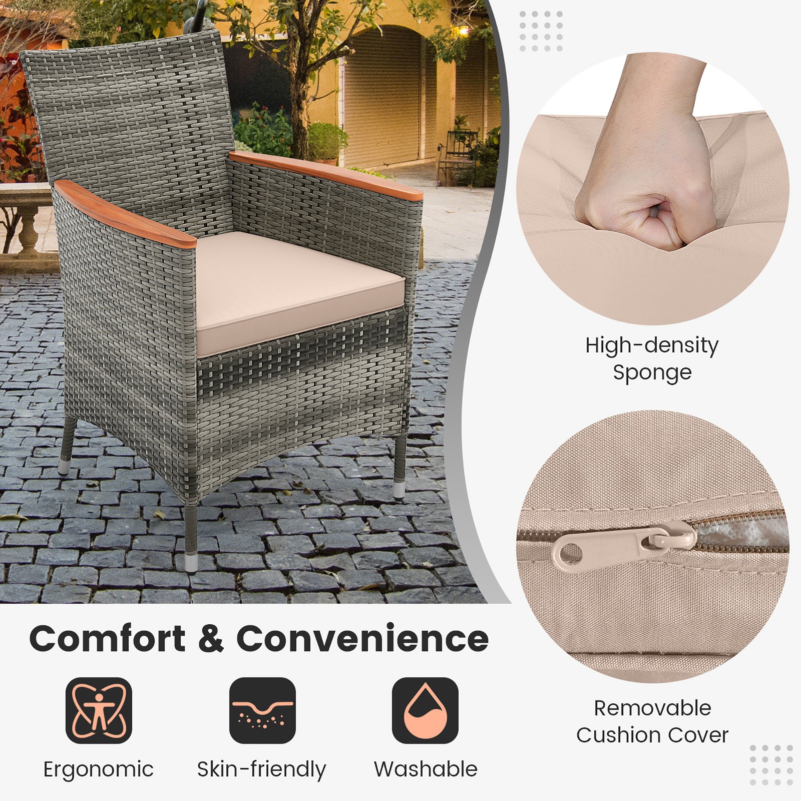 9PCS Outdoor Dining Set Patio Acacia Wood and Rattan Furniture Set w/ Cushions