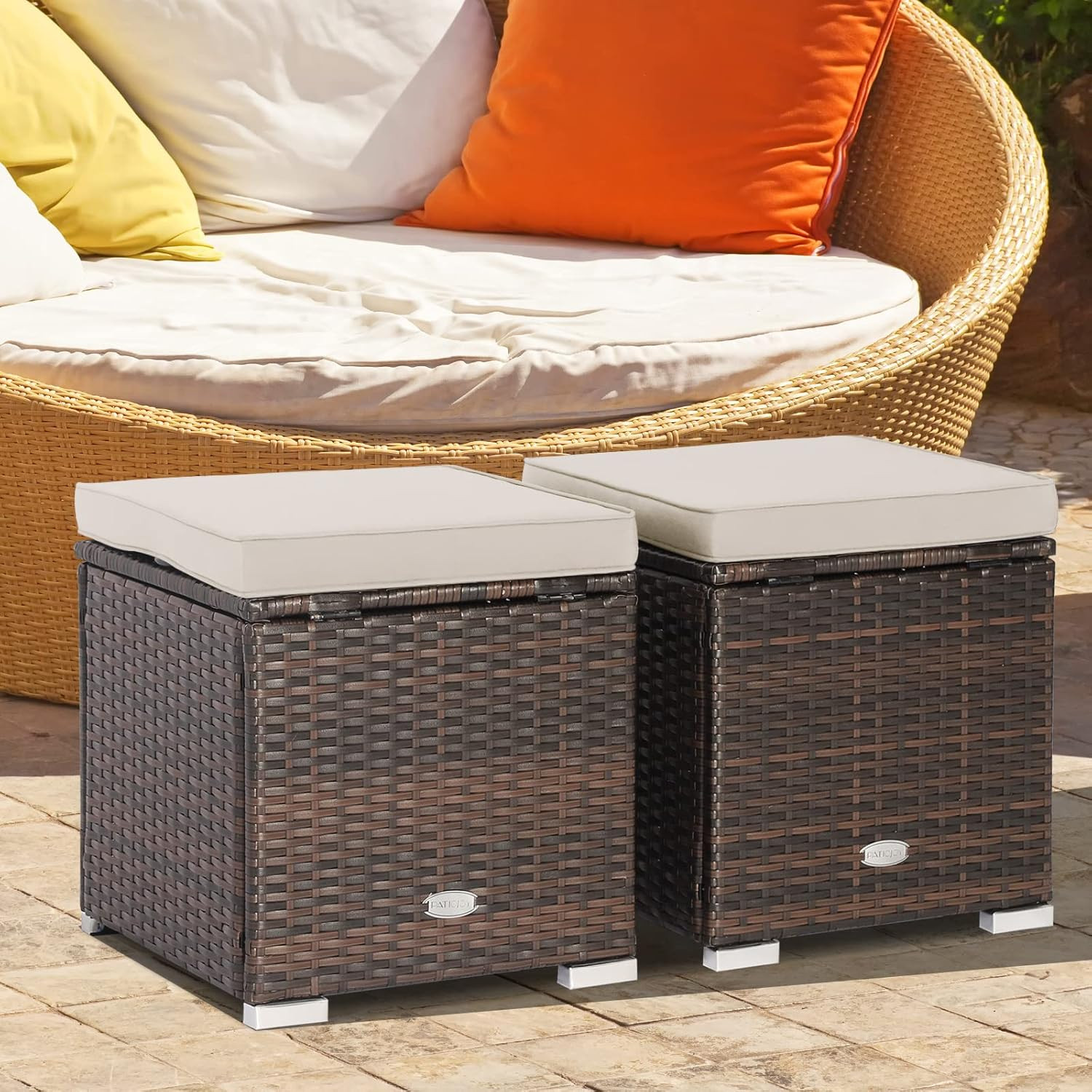2 Pieces Patio Ottomans, Patiojoy Hand-Woven PE Rattan Side Table with Removable