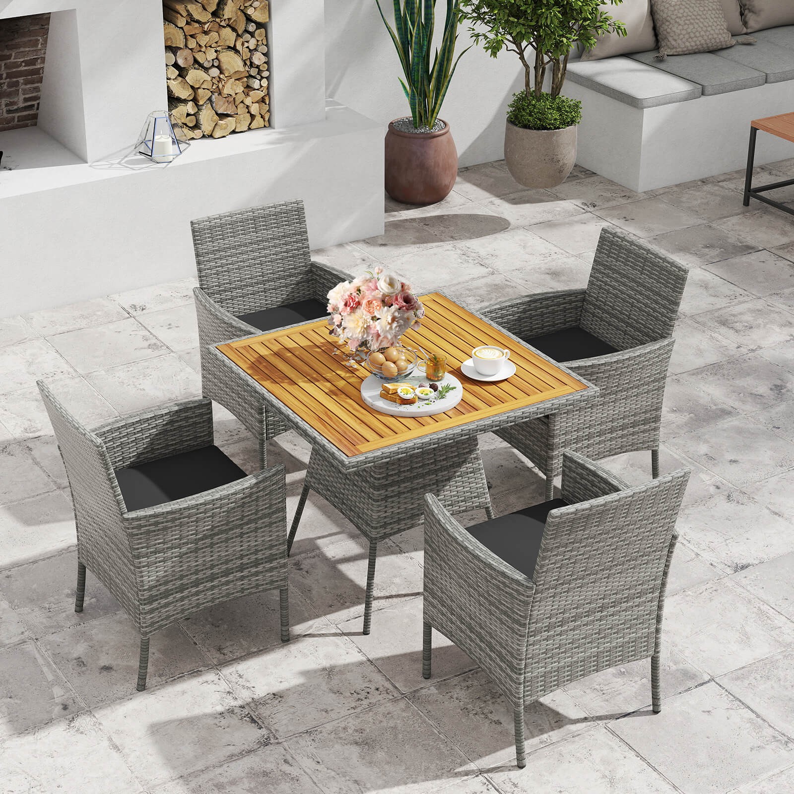 5PCS PE Wicker Patio Dining Set with Cushions and 1.97″ Umbrella Hole
