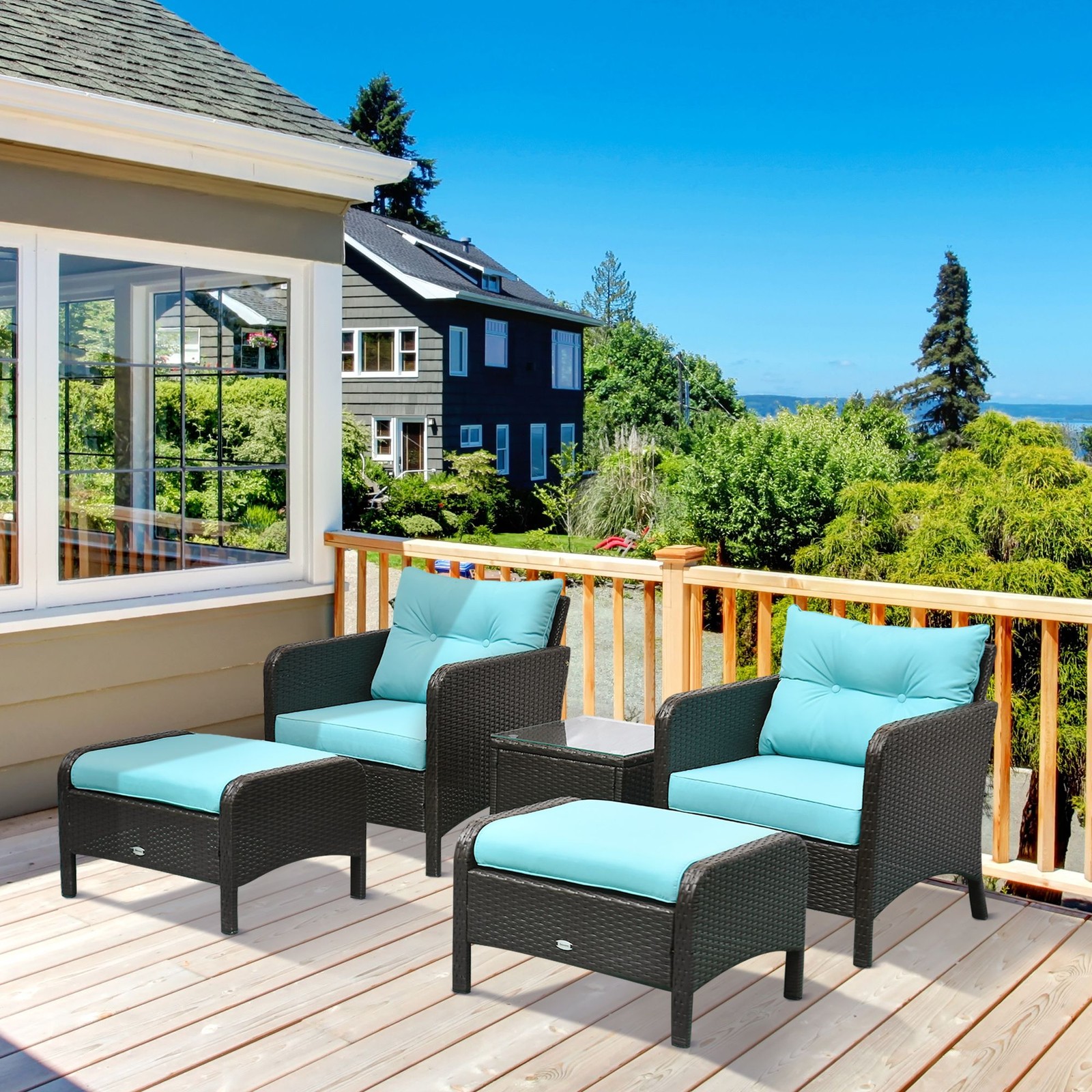 Water-Resistant 5-Piece Lounge Set PE Rattan Frame Powder-Coated Metal Blue