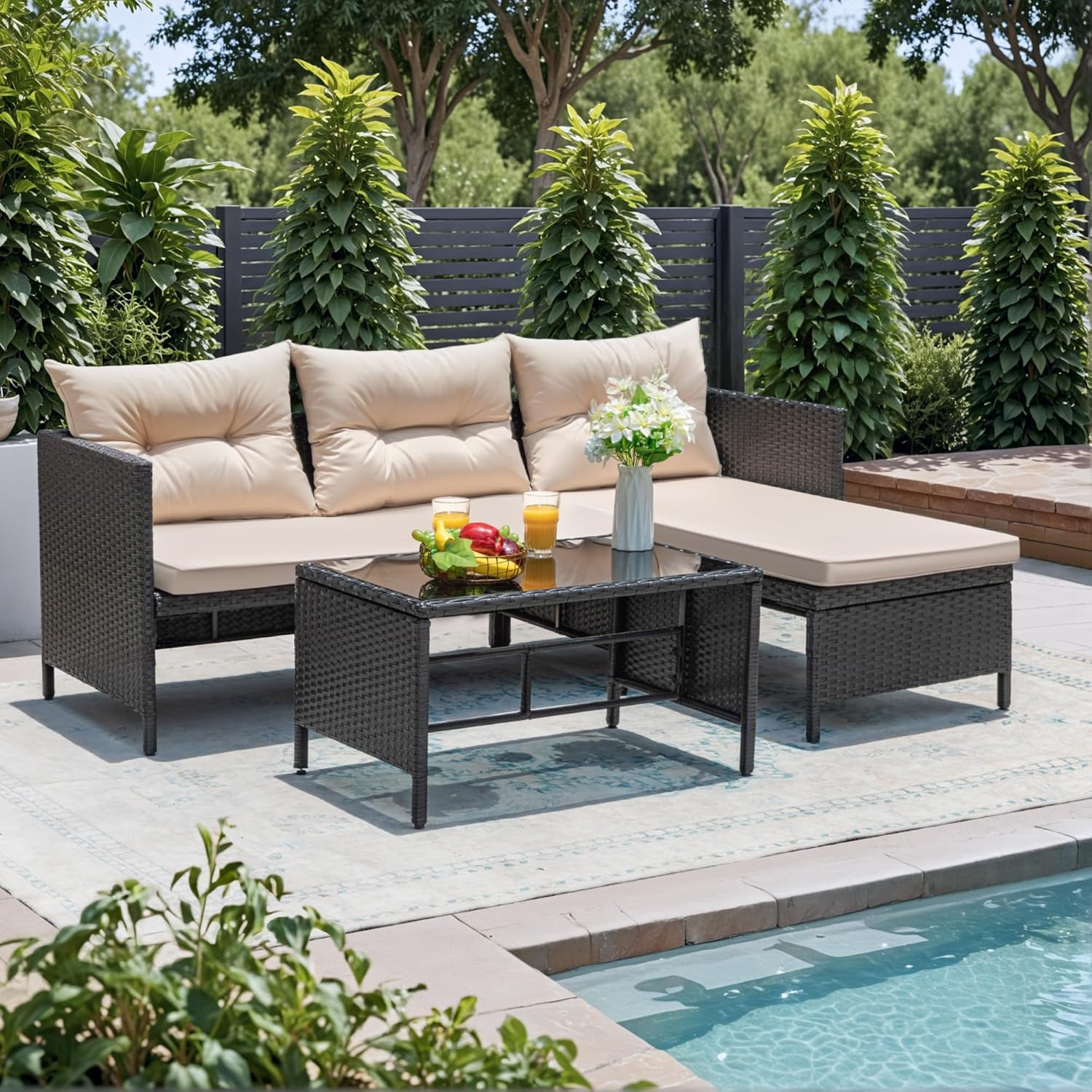 Greesum 3 Piece Patio Furniture Set Outdoor Wicker Rattan Sectional Sofa with Cu