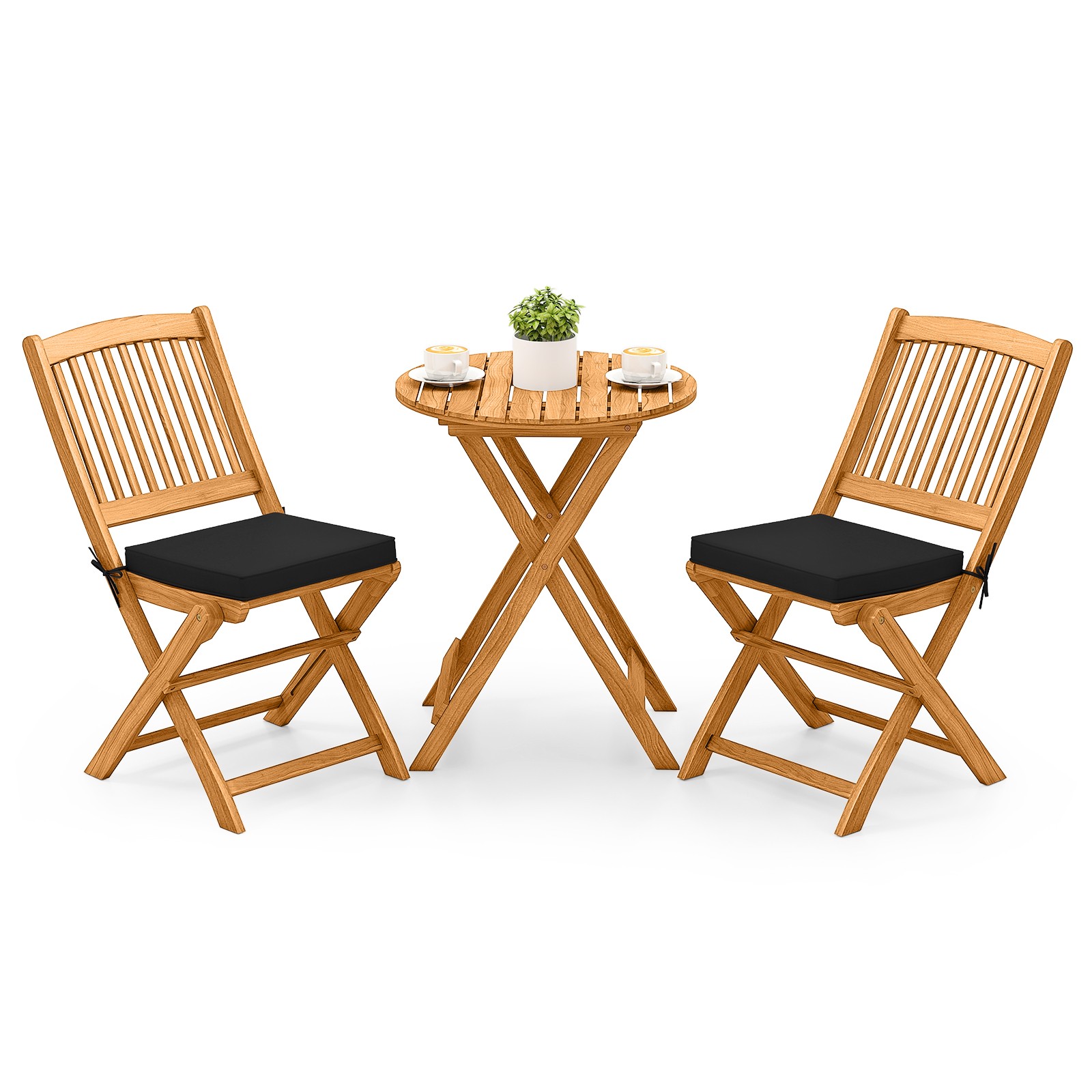 3 Pieces Acacia Wood Patio Folding Bistro Set w/Soft Cushions for Porch, Balcony