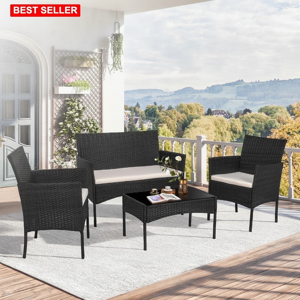 Outdoor Patio Furniture Sets 4 Piece Black Rattan Garden Conversation Furniture