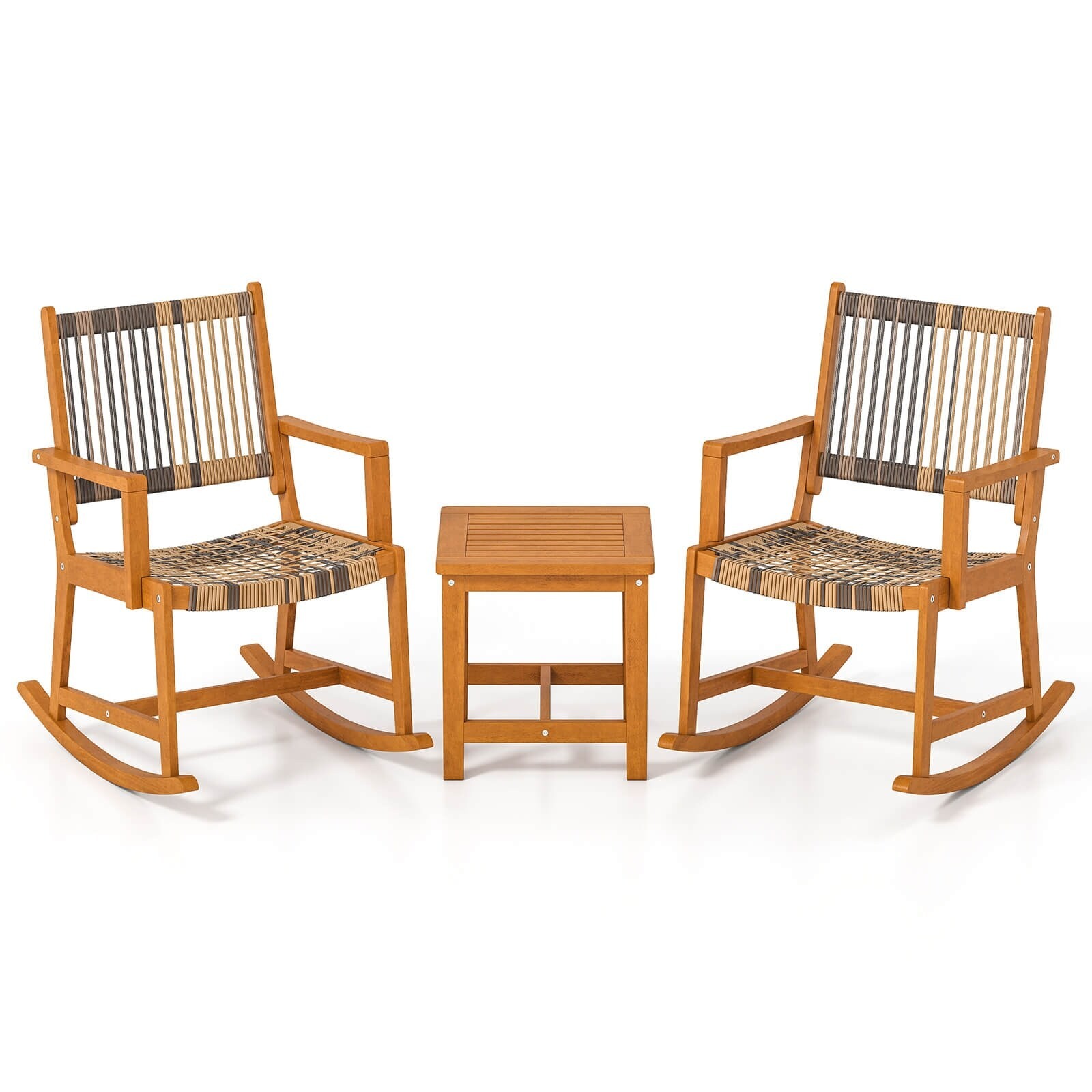 3 PCS Rocking Bistro Set PE Rattan Front Porch Chairs w/ Coffee Table