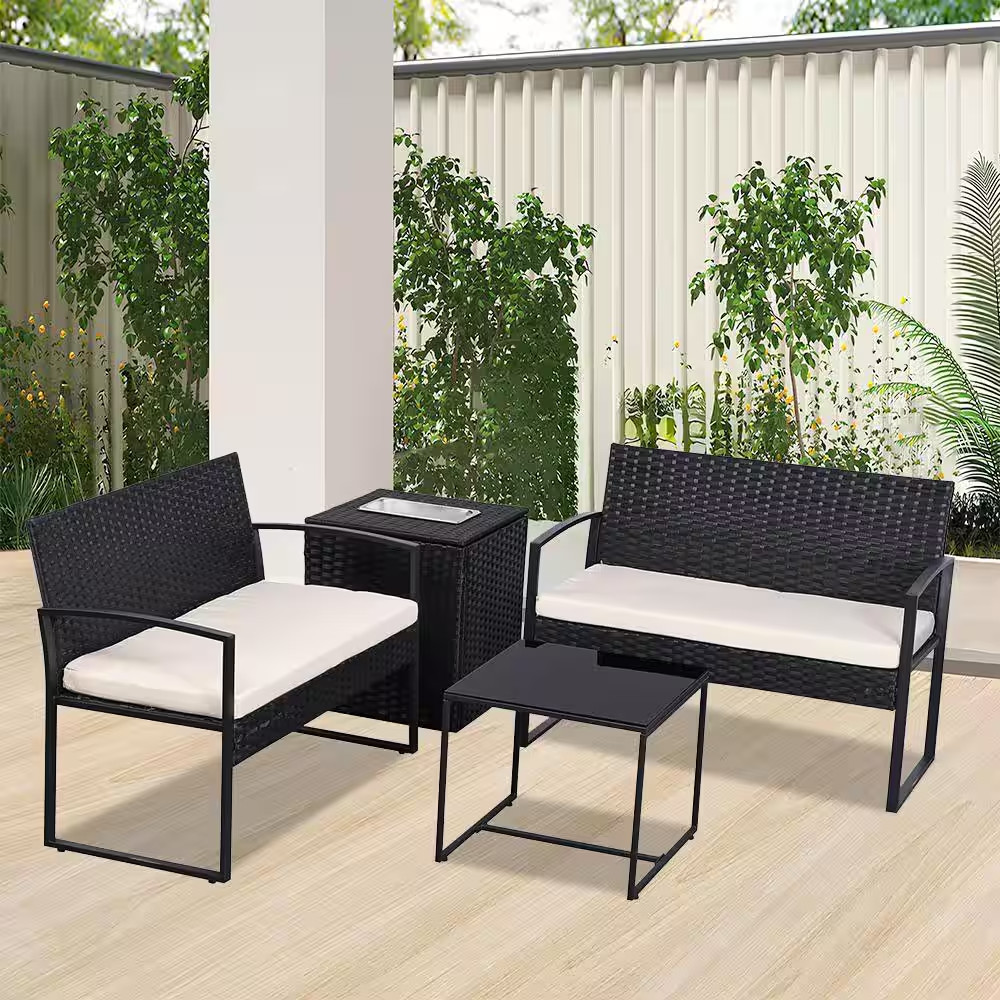 4-Piece Beige Rattan Wicker Outdoor Chairs with Coffee Table and Ice Bucket
