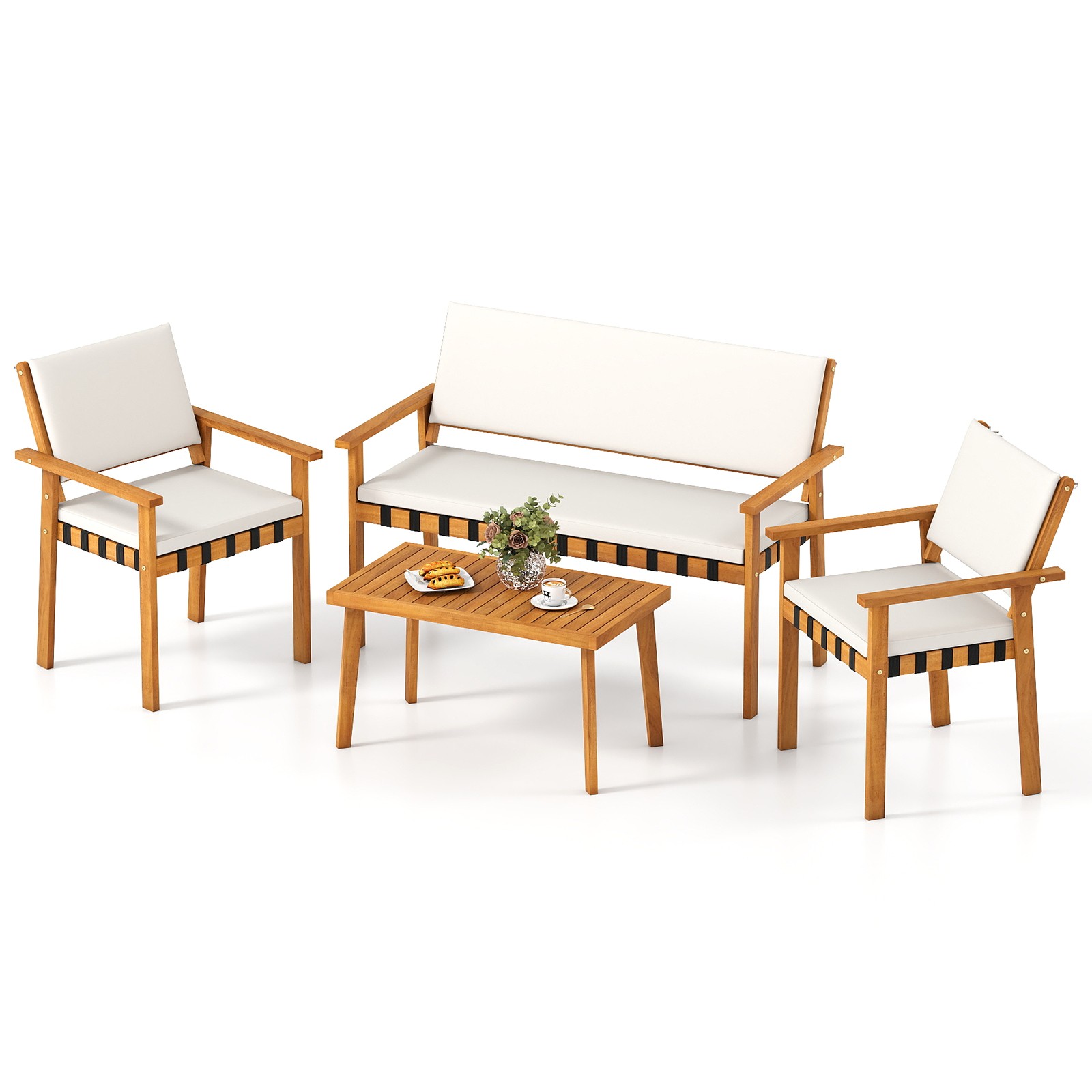 Set of 4 Wood Furniture Set w/Coffee Table Seat Back Cushions for Backyard