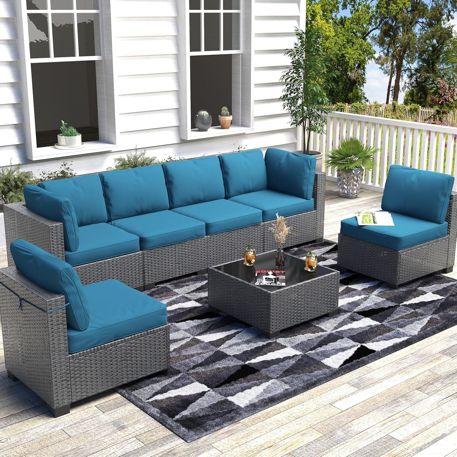 Stylish 7-Piece Rattan Patio Set – Sofa & Table in Dark Curry/Peacock Blue