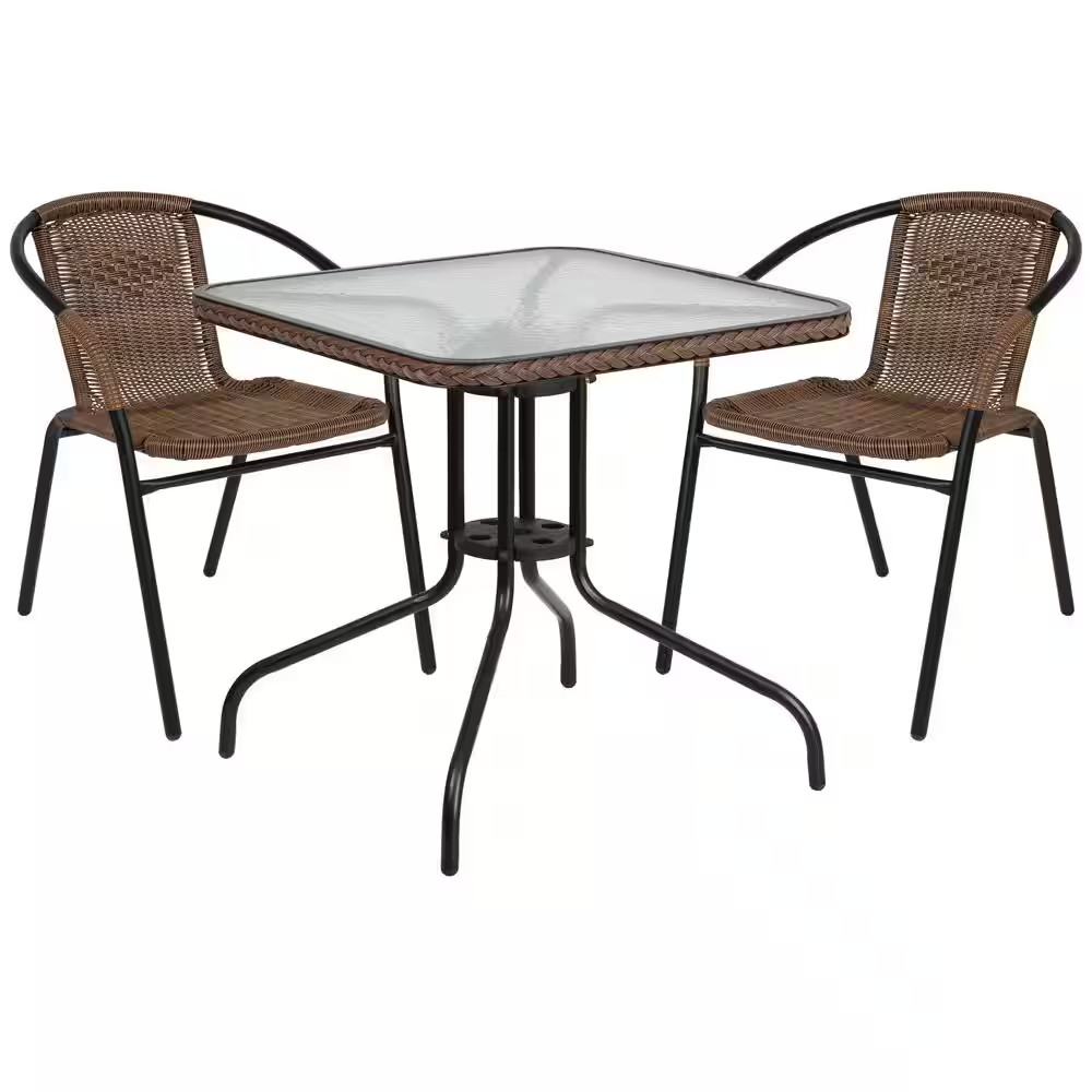 Brown 28 In. Square Indoor/Outdoor Patio Table and Chairs Set, 3-Piece Dining Se