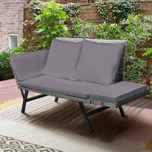 Greesum Outdoor Sofa, Woven Rattan Patio Furniture, Convertible Daybed or Dou…