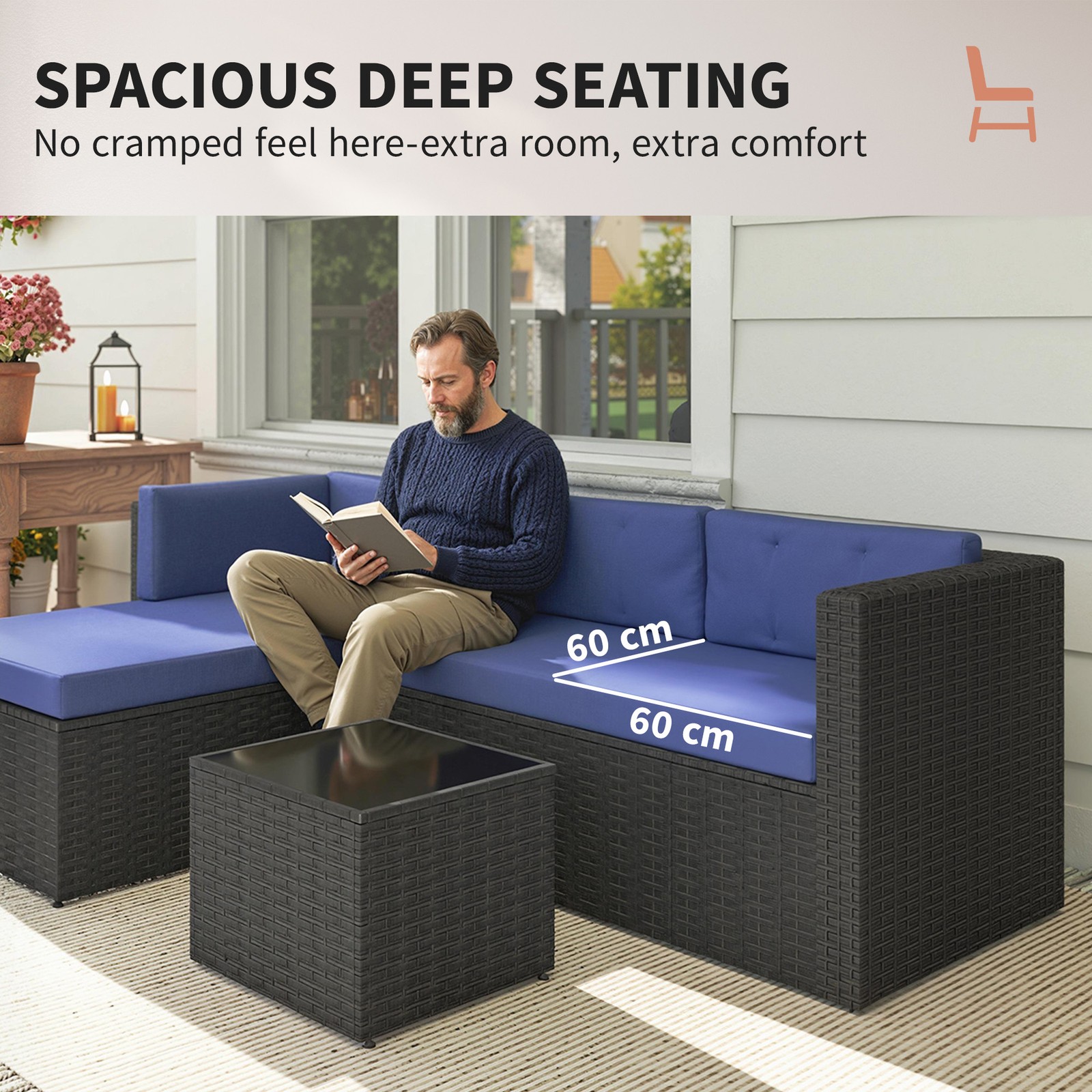 3 Piece Patio Furniture Set, Wicker Outdoor Furniture, Navy Blue